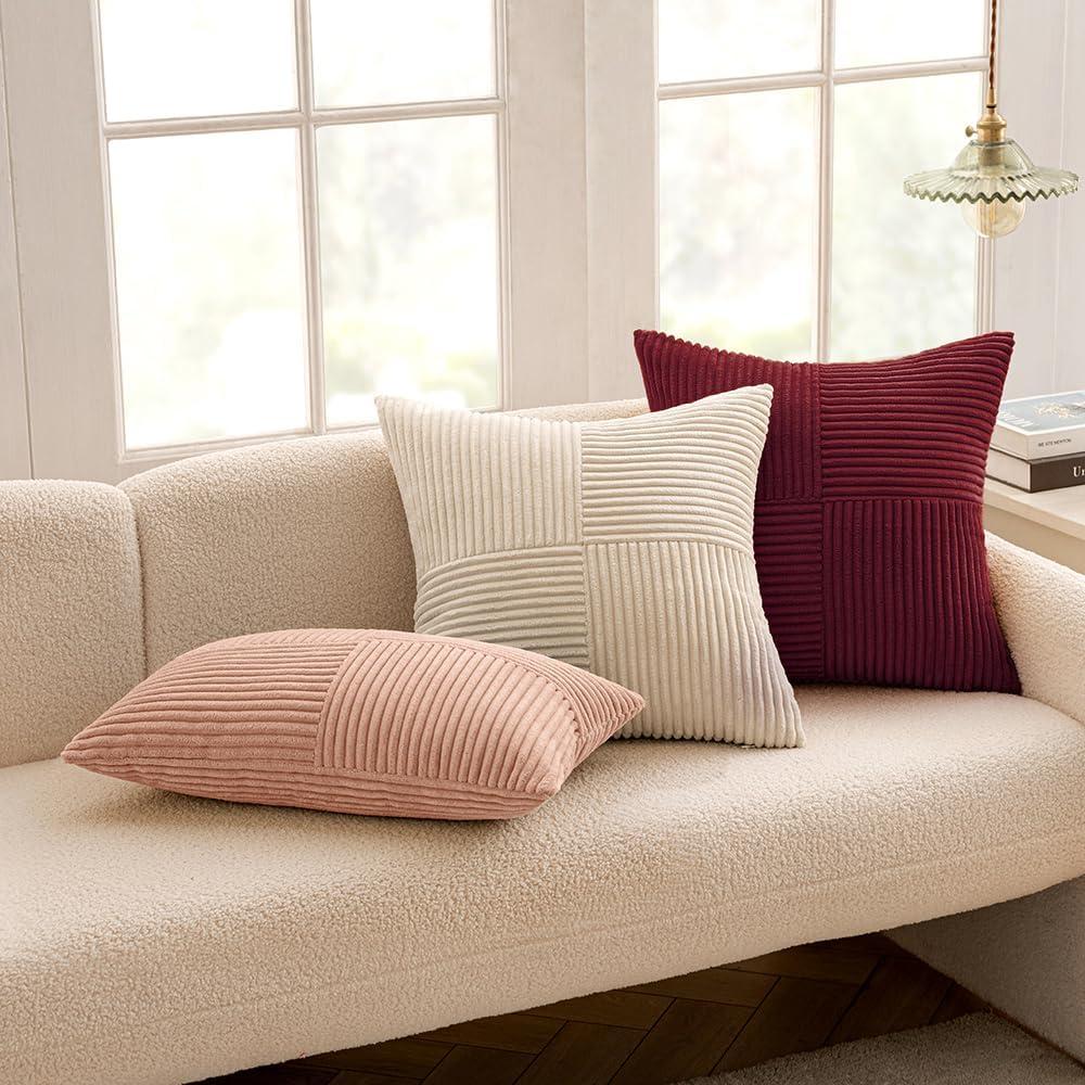 imageMIULEE Christmas White Corduroy Pillow Covers Pack of 2 Boho Decorative Spliced Throw Pillow Covers Soft Couch Pillowcases Cross Patchwork Textured Cushion Covers for Living Room Bed Sofa 18x18 inchBurgundy