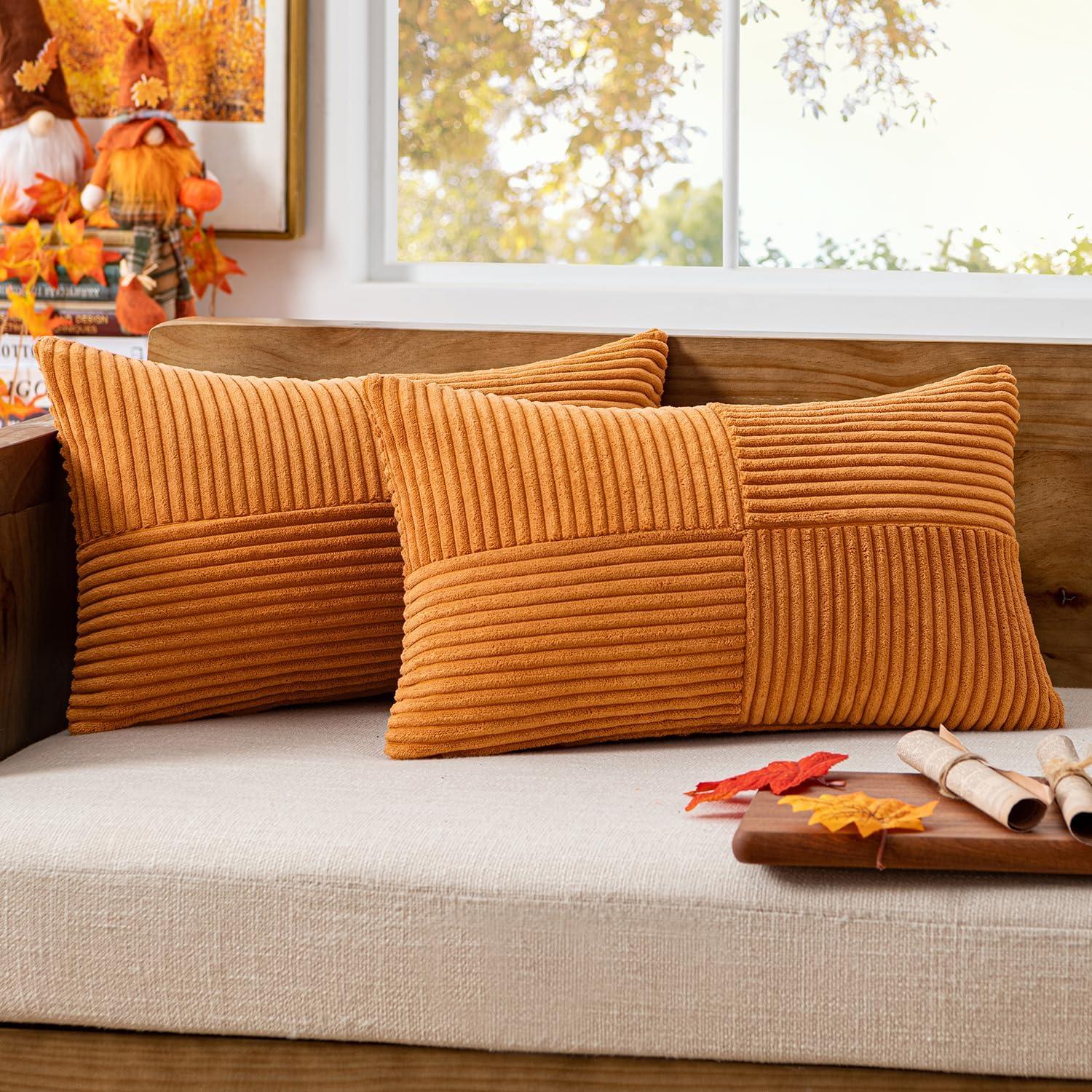 imageMIULEE Christmas White Corduroy Pillow Covers Pack of 2 Boho Decorative Spliced Throw Pillow Covers Soft Couch Pillowcases Cross Patchwork Textured Cushion Covers for Living Room Bed Sofa 18x18 inchBurnt Orange