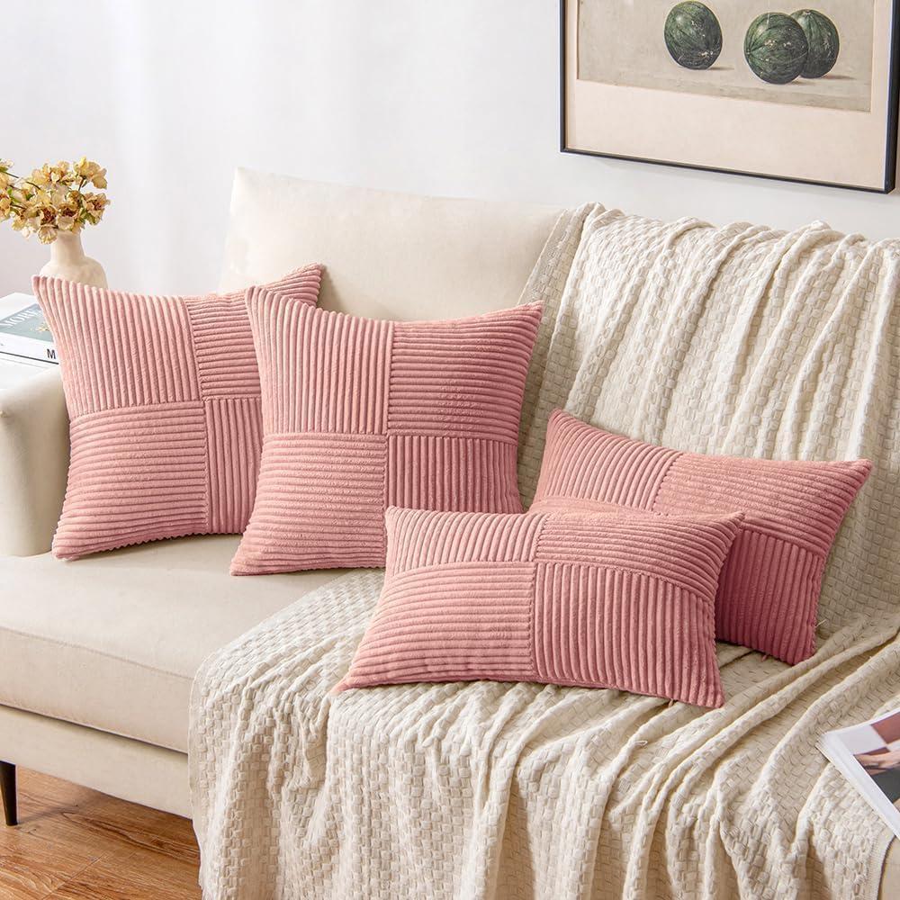 imageMIULEE Christmas White Corduroy Pillow Covers Pack of 2 Boho Decorative Spliced Throw Pillow Covers Soft Couch Pillowcases Cross Patchwork Textured Cushion Covers for Living Room Bed Sofa 18x18 inchBlush Pink