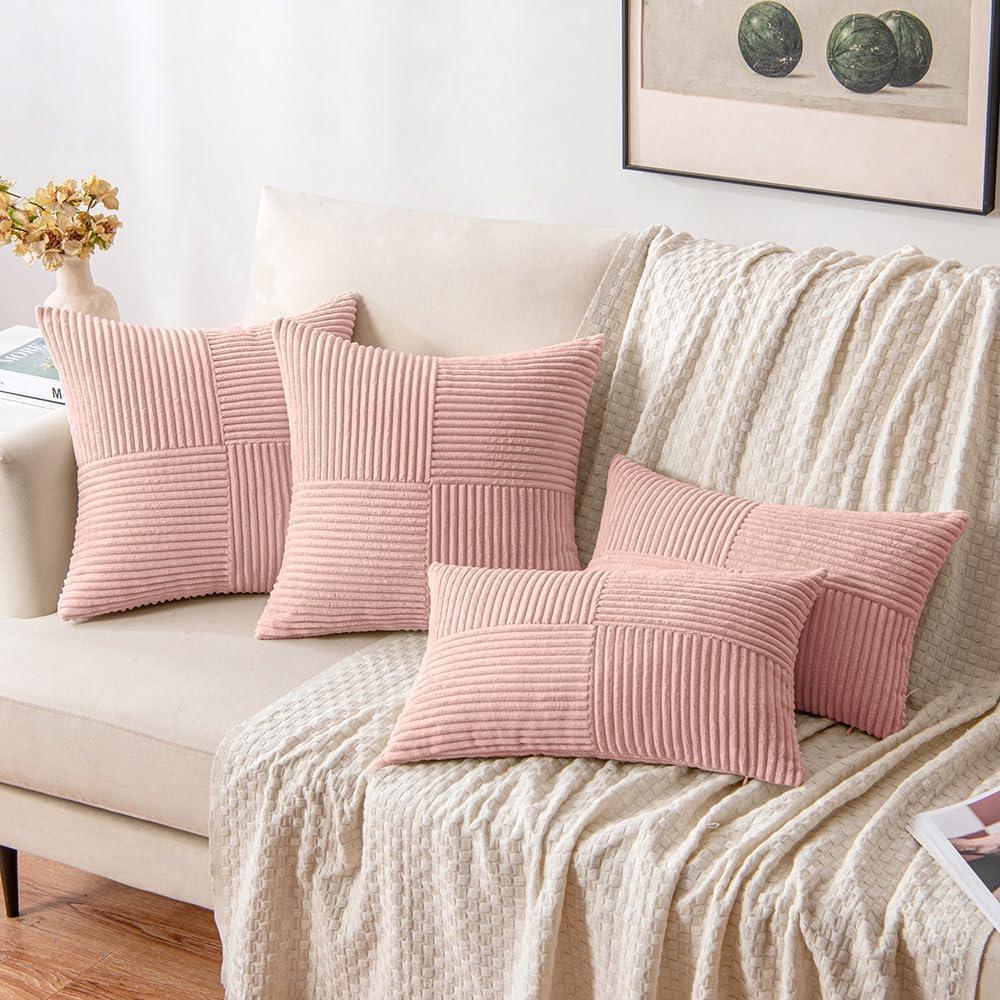 imageMIULEE Christmas White Corduroy Pillow Covers Pack of 2 Boho Decorative Spliced Throw Pillow Covers Soft Couch Pillowcases Cross Patchwork Textured Cushion Covers for Living Room Bed Sofa 18x18 inchPink