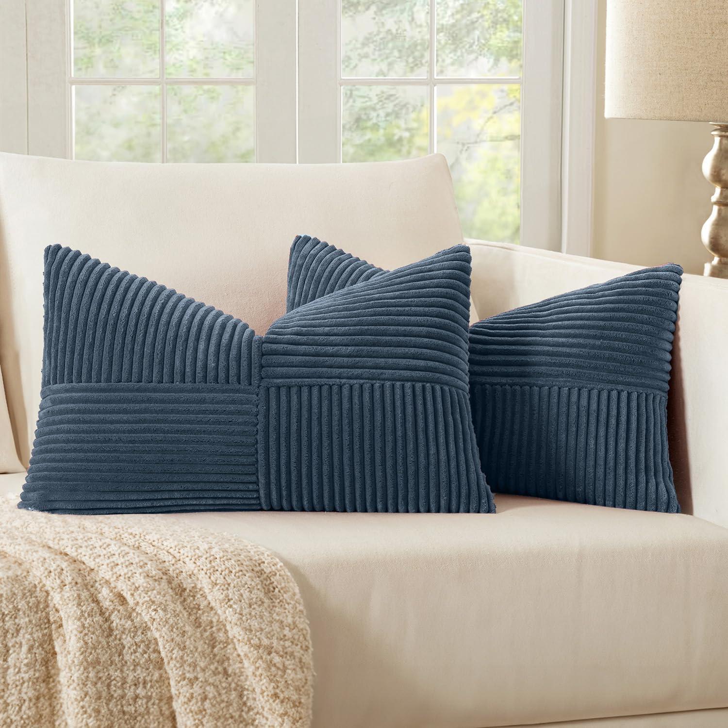 imageMIULEE Christmas White Corduroy Pillow Covers Pack of 2 Boho Decorative Spliced Throw Pillow Covers Soft Couch Pillowcases Cross Patchwork Textured Cushion Covers for Living Room Bed Sofa 18x18 inchBlue