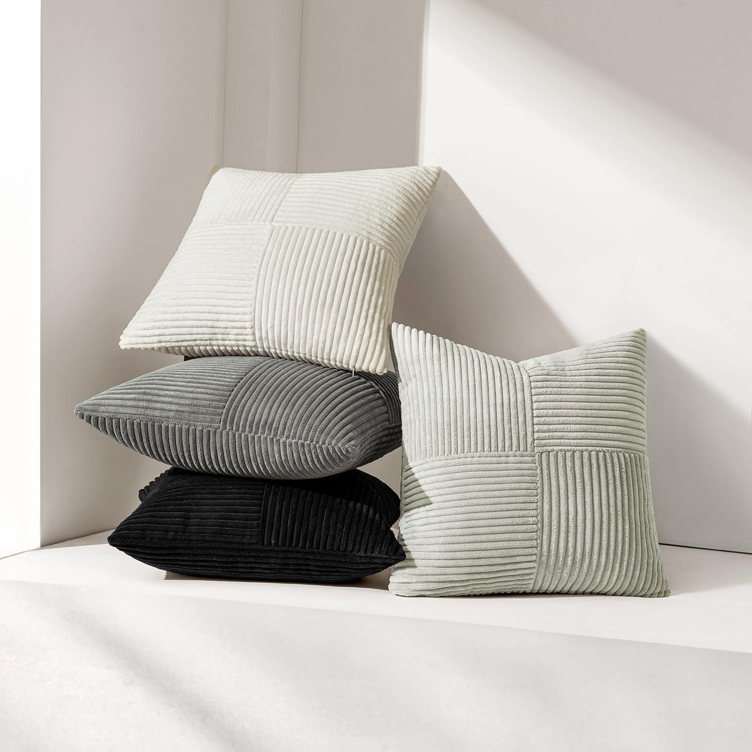 imageMIULEE Christmas White Corduroy Pillow Covers Pack of 2 Boho Decorative Spliced Throw Pillow Covers Soft Couch Pillowcases Cross Patchwork Textured Cushion Covers for Living Room Bed Sofa 18x18 inchBlack
