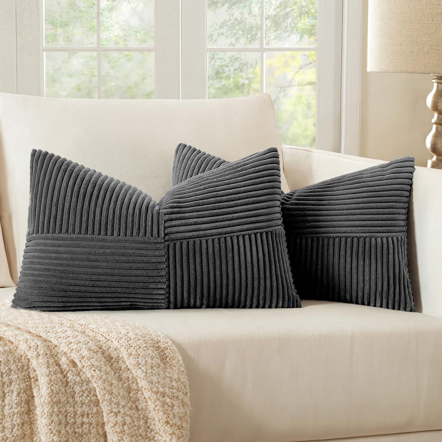 imageMIULEE Christmas White Corduroy Pillow Covers Pack of 2 Boho Decorative Spliced Throw Pillow Covers Soft Couch Pillowcases Cross Patchwork Textured Cushion Covers for Living Room Bed Sofa 18x18 inchGrey