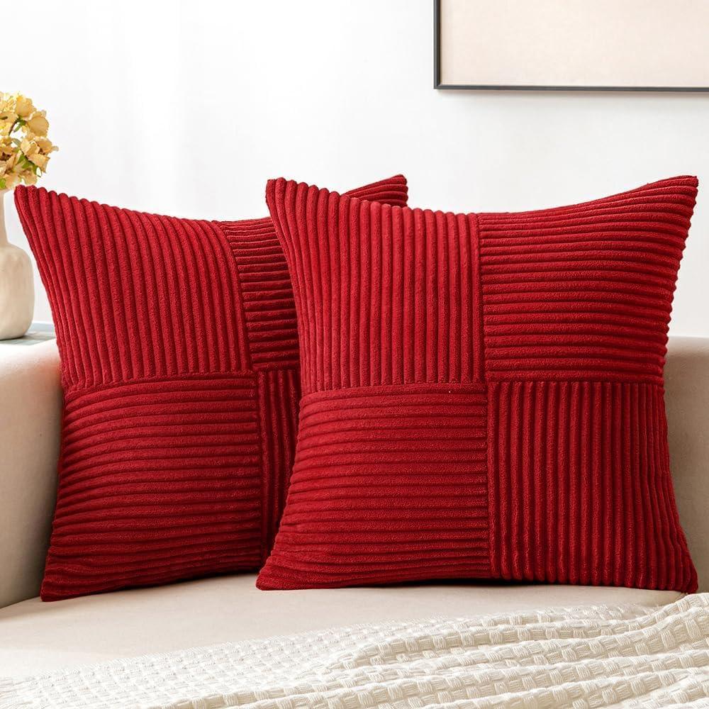 imageMIULEE Christmas White Corduroy Pillow Covers Pack of 2 Boho Decorative Spliced Throw Pillow Covers Soft Couch Pillowcases Cross Patchwork Textured Cushion Covers for Living Room Bed Sofa 18x18 inchRed