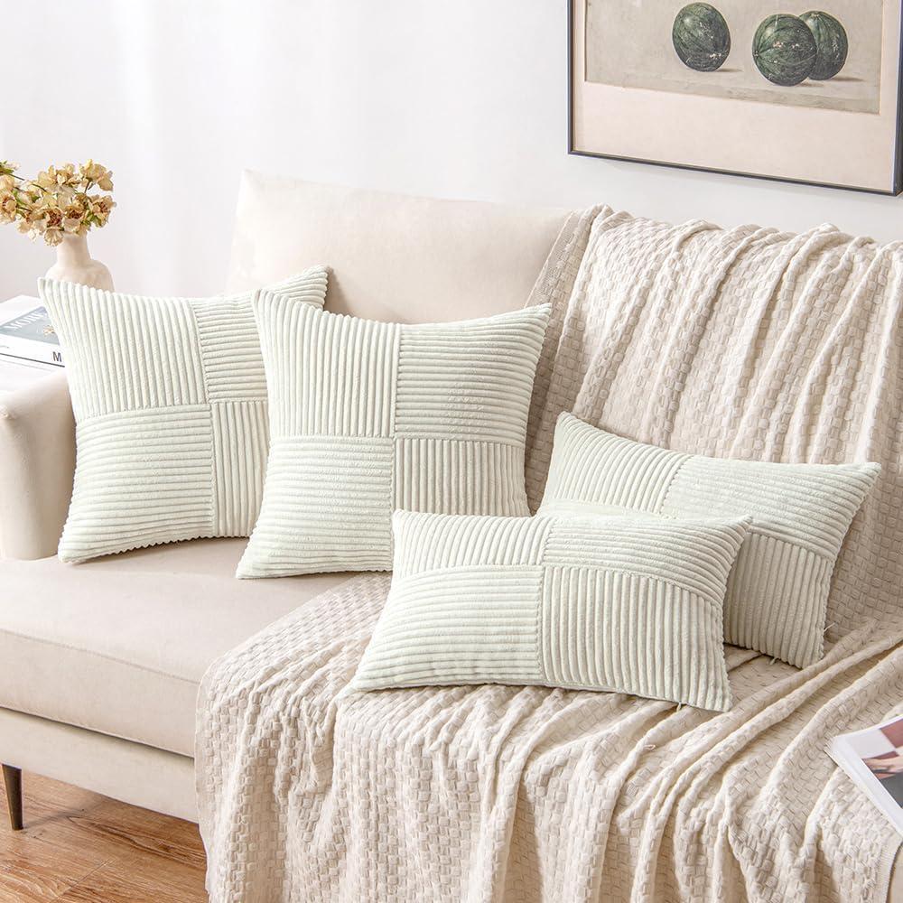 imageMIULEE Christmas White Corduroy Pillow Covers Pack of 2 Boho Decorative Spliced Throw Pillow Covers Soft Couch Pillowcases Cross Patchwork Textured Cushion Covers for Living Room Bed Sofa 18x18 inchWhite