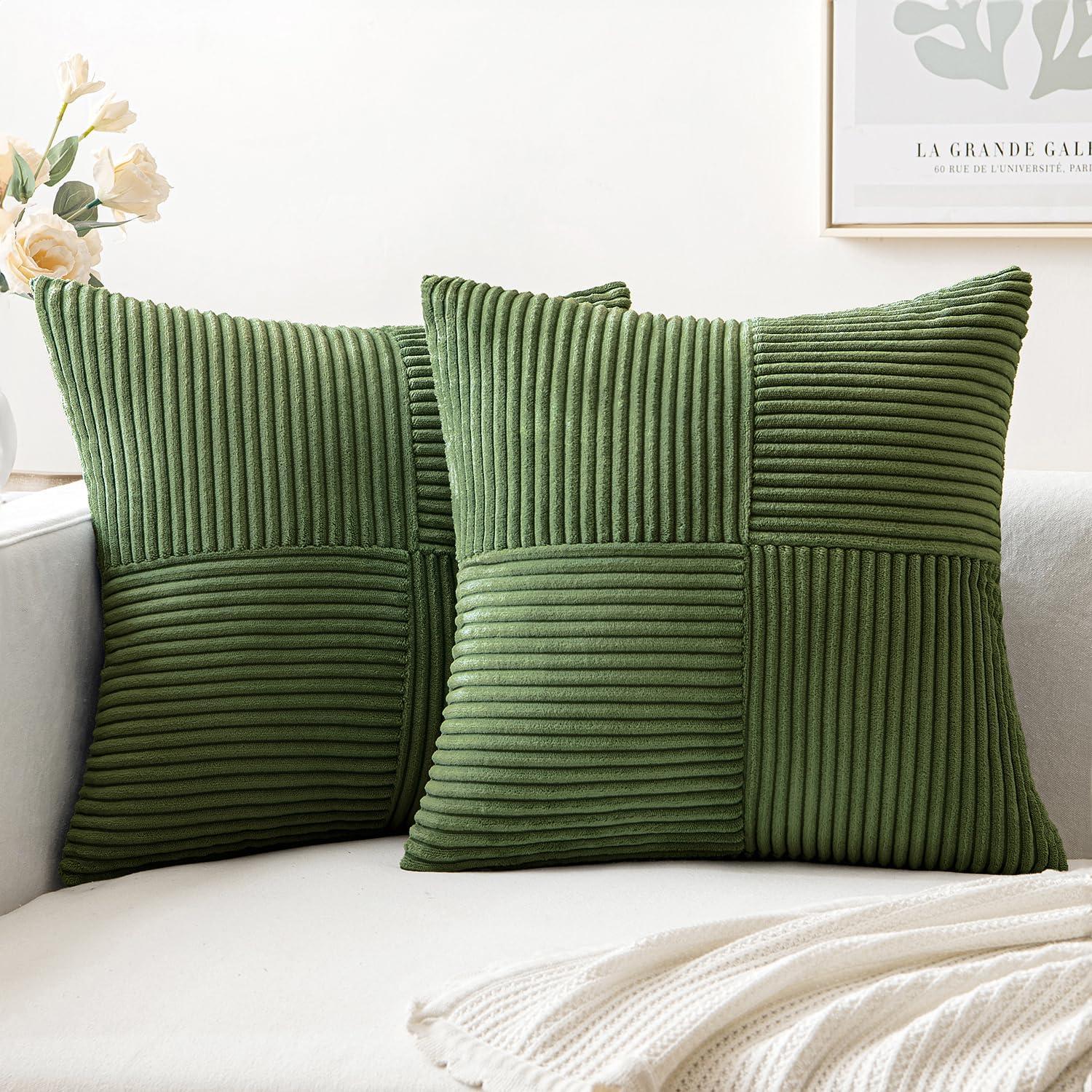 imageMIULEE Christmas White Corduroy Pillow Covers Pack of 2 Boho Decorative Spliced Throw Pillow Covers Soft Couch Pillowcases Cross Patchwork Textured Cushion Covers for Living Room Bed Sofa 18x18 inchMoss Green
