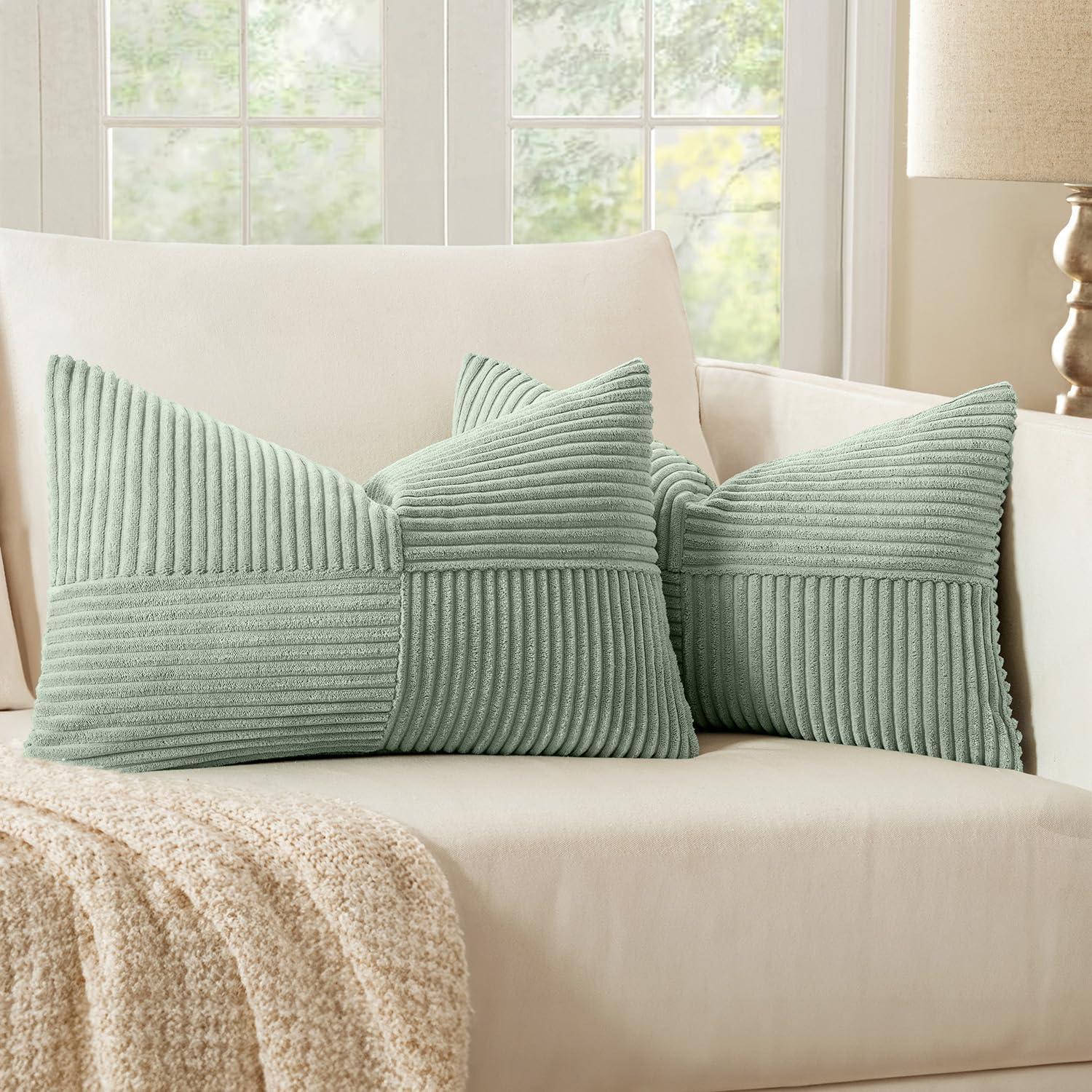imageMIULEE Christmas White Corduroy Pillow Covers Pack of 2 Boho Decorative Spliced Throw Pillow Covers Soft Couch Pillowcases Cross Patchwork Textured Cushion Covers for Living Room Bed Sofa 18x18 inchMint