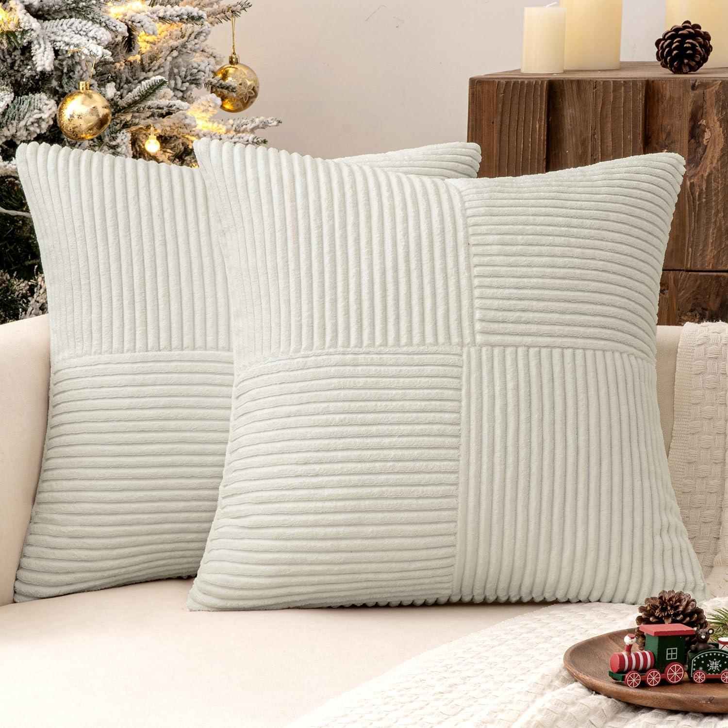 imageMIULEE Christmas White Corduroy Pillow Covers Pack of 2 Boho Decorative Spliced Throw Pillow Covers Soft Couch Pillowcases Cross Patchwork Textured Cushion Covers for Living Room Bed Sofa 18x18 inchWhite