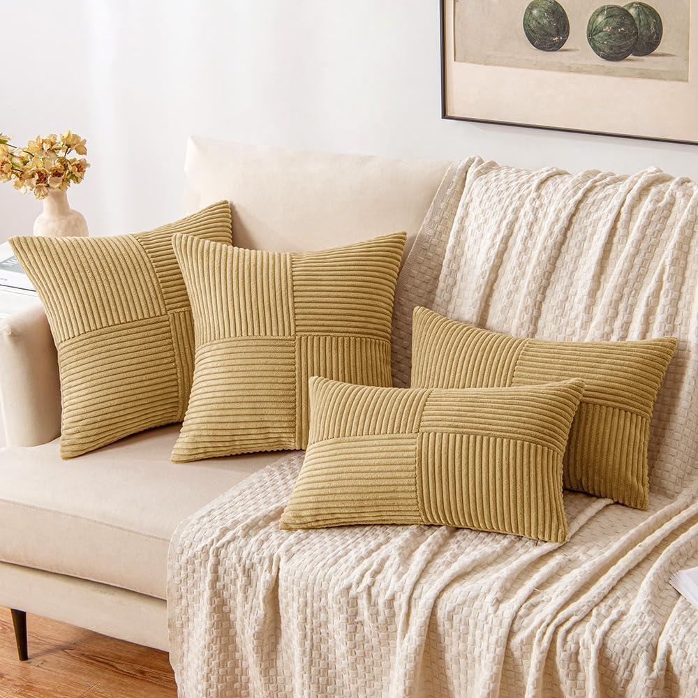imageMIULEE Christmas White Corduroy Pillow Covers Pack of 2 Boho Decorative Spliced Throw Pillow Covers Soft Couch Pillowcases Cross Patchwork Textured Cushion Covers for Living Room Bed Sofa 18x18 inchKhaki
