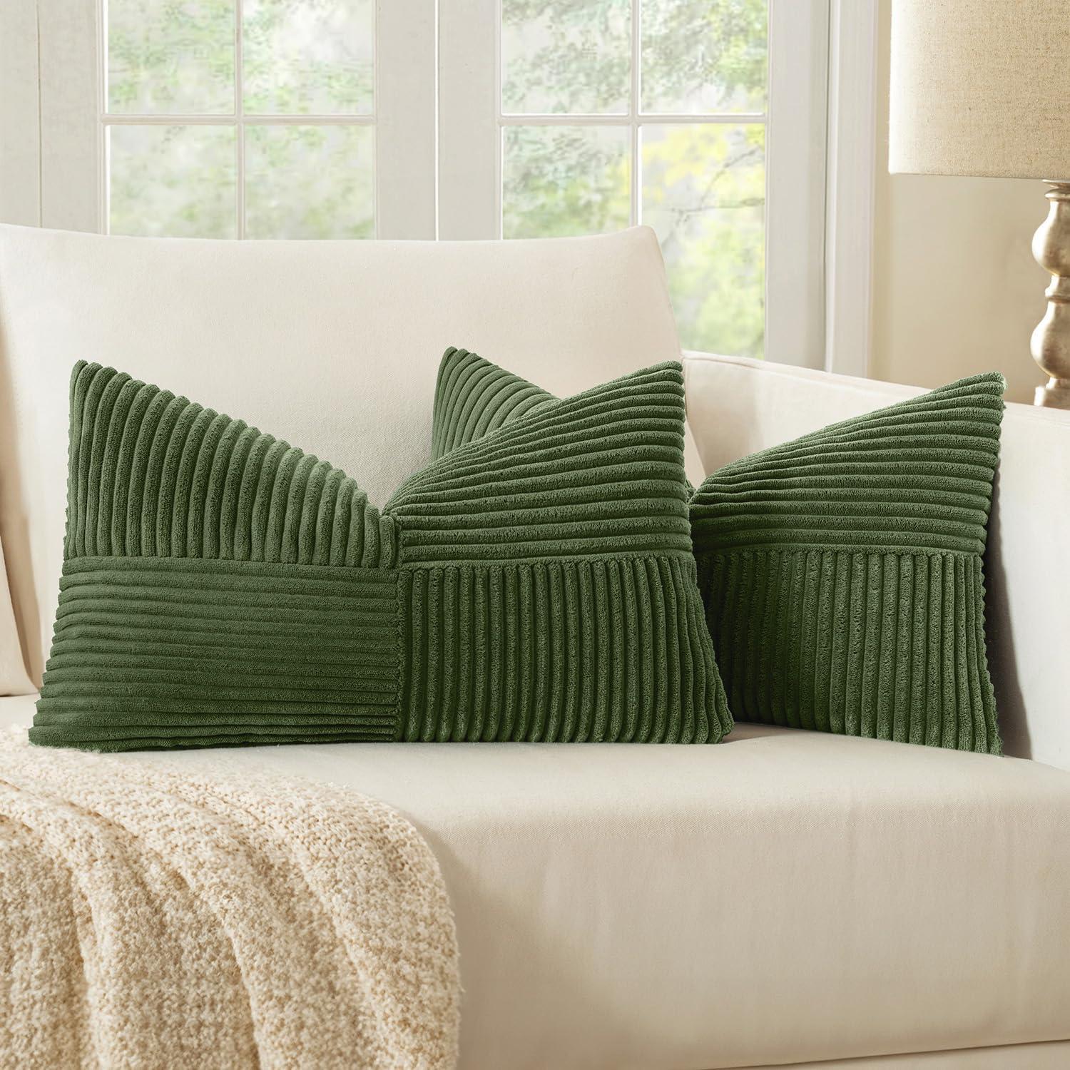 imageMIULEE Christmas White Corduroy Pillow Covers Pack of 2 Boho Decorative Spliced Throw Pillow Covers Soft Couch Pillowcases Cross Patchwork Textured Cushion Covers for Living Room Bed Sofa 18x18 inchMoss Green