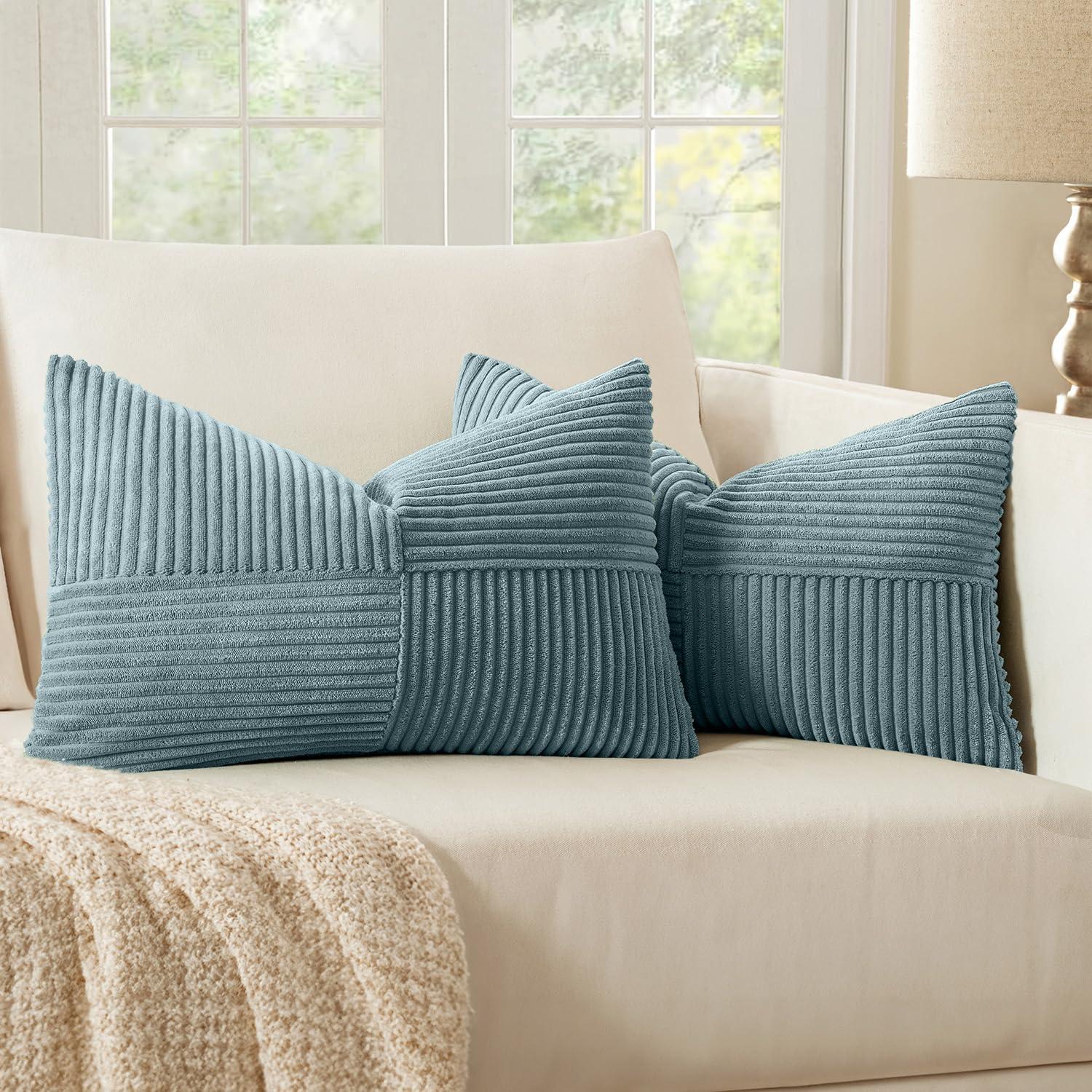 imageMIULEE Christmas White Corduroy Pillow Covers Pack of 2 Boho Decorative Spliced Throw Pillow Covers Soft Couch Pillowcases Cross Patchwork Textured Cushion Covers for Living Room Bed Sofa 18x18 inchDusty Blue