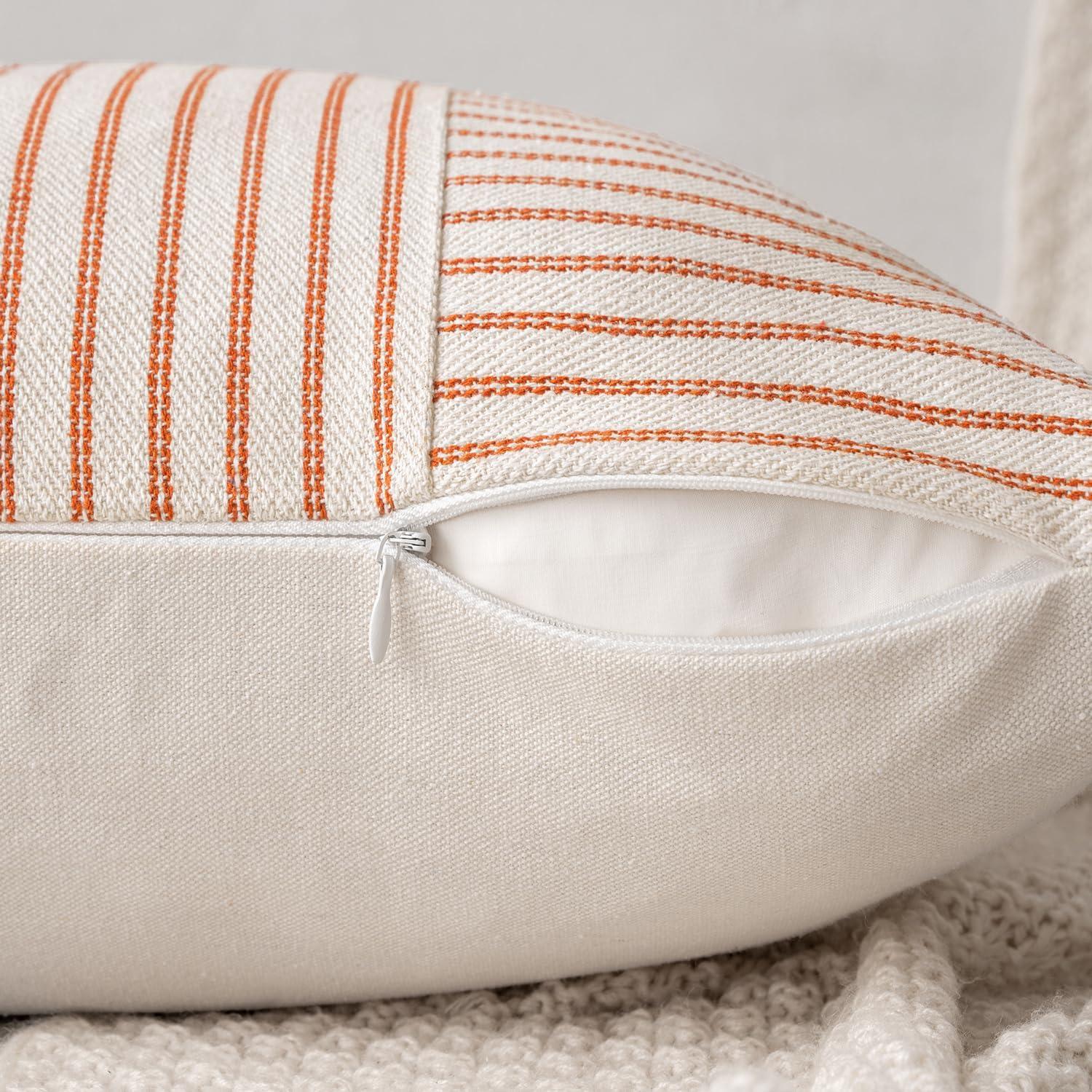 imageMIULEE Dark Green Patchwork Farmhouse Pillow Covers 18x18 Inch Pack of 2 Striped Linen Decorative Modern Accent Pillow Cases for Sofa Couch BedroomBurnt Orange