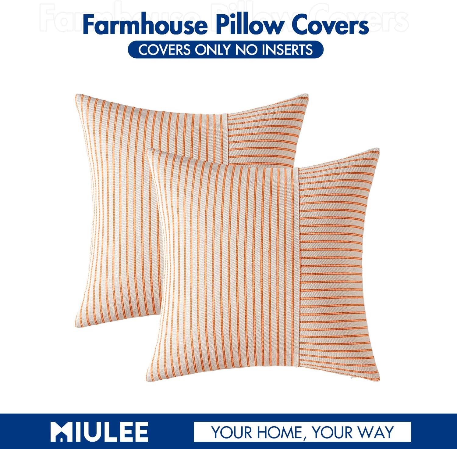 imageMIULEE Dark Green Patchwork Farmhouse Pillow Covers 18x18 Inch Pack of 2 Striped Linen Decorative Modern Accent Pillow Cases for Sofa Couch BedroomBurnt Orange