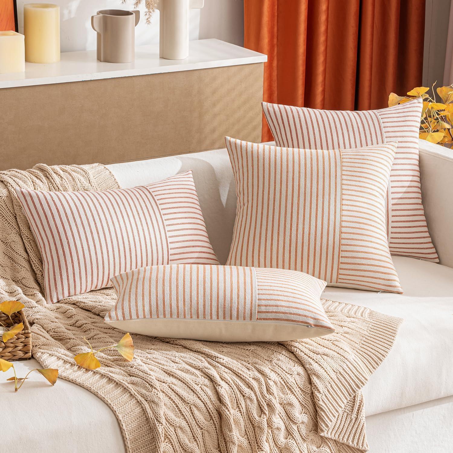 imageMIULEE Dark Green Patchwork Farmhouse Pillow Covers 18x18 Inch Pack of 2 Striped Linen Decorative Modern Accent Pillow Cases for Sofa Couch BedroomBurnt Orange