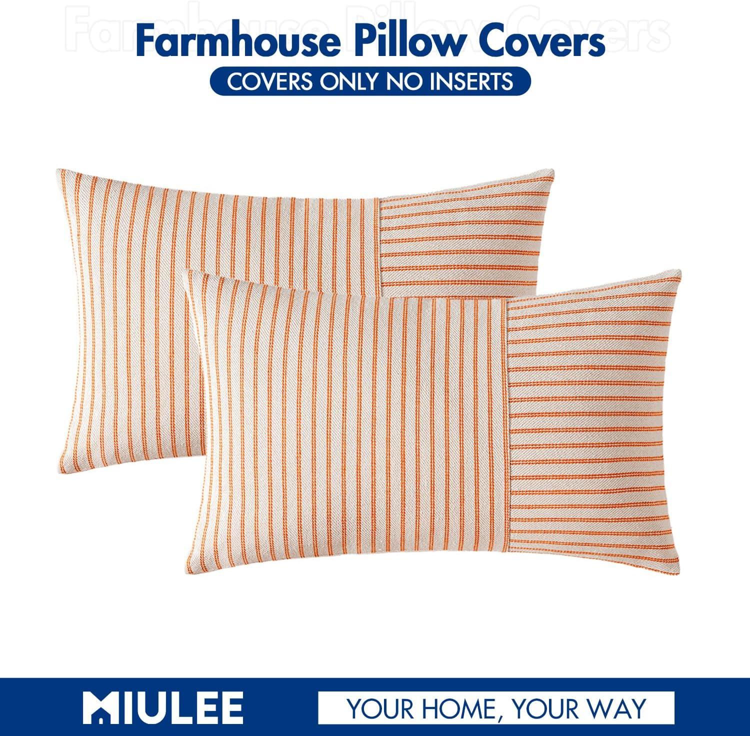 imageMIULEE Dark Green Patchwork Farmhouse Pillow Covers 18x18 Inch Pack of 2 Striped Linen Decorative Modern Accent Pillow Cases for Sofa Couch BedroomBurnt Orange
