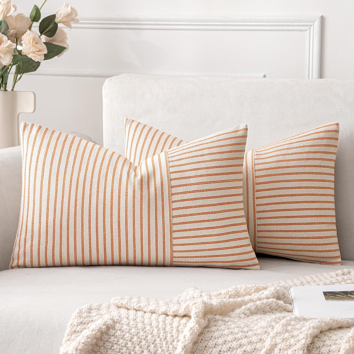 imageMIULEE Dark Green Patchwork Farmhouse Pillow Covers 18x18 Inch Pack of 2 Striped Linen Decorative Modern Accent Pillow Cases for Sofa Couch BedroomBurnt Orange