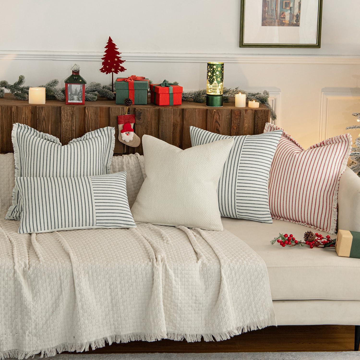 imageMIULEE Dark Green Patchwork Farmhouse Pillow Covers 18x18 Inch Pack of 2 Striped Linen Decorative Modern Accent Pillow Cases for Sofa Couch BedroomDark Green