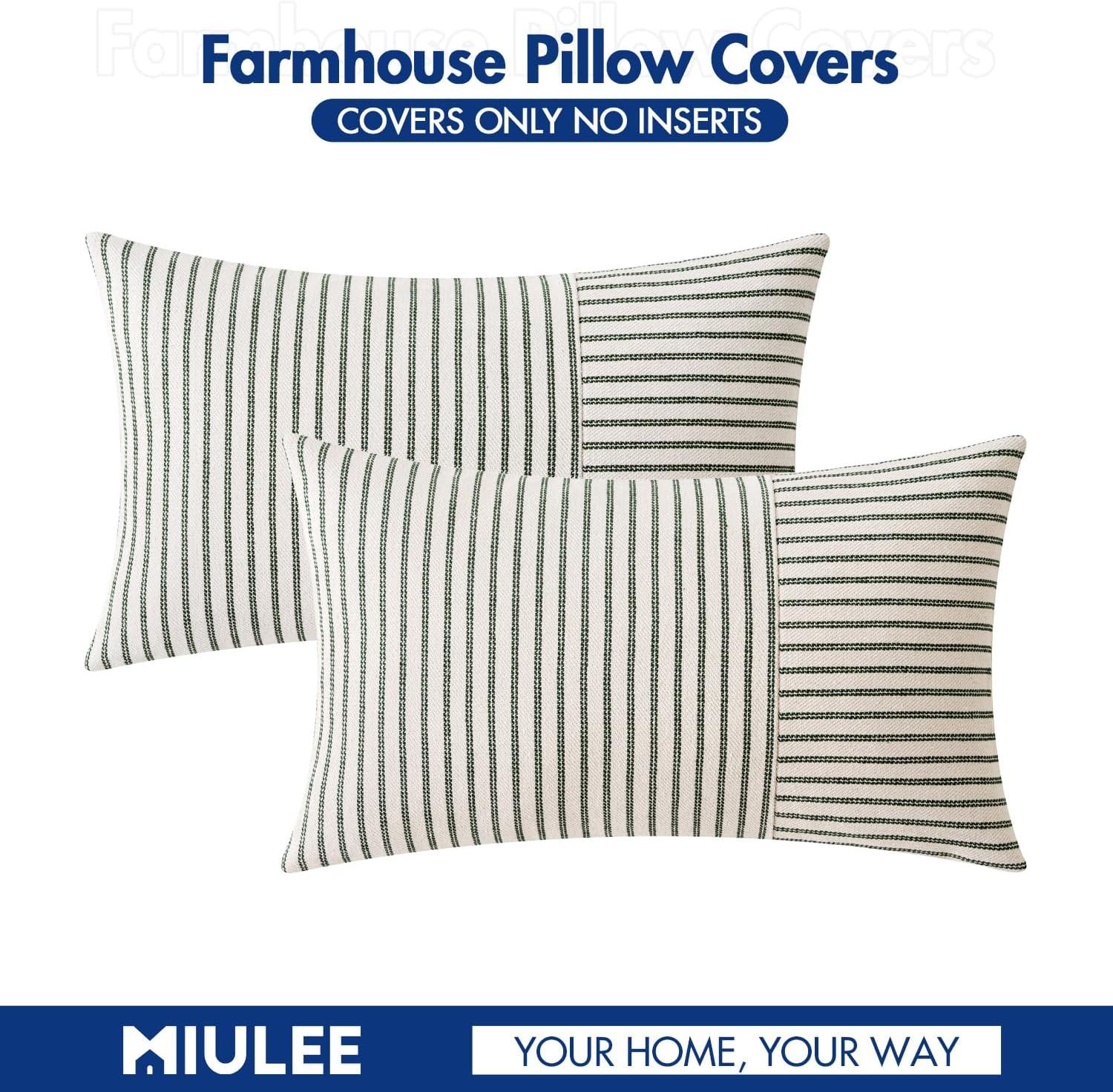 imageMIULEE Dark Green Patchwork Farmhouse Pillow Covers 18x18 Inch Pack of 2 Striped Linen Decorative Modern Accent Pillow Cases for Sofa Couch BedroomDark Green
