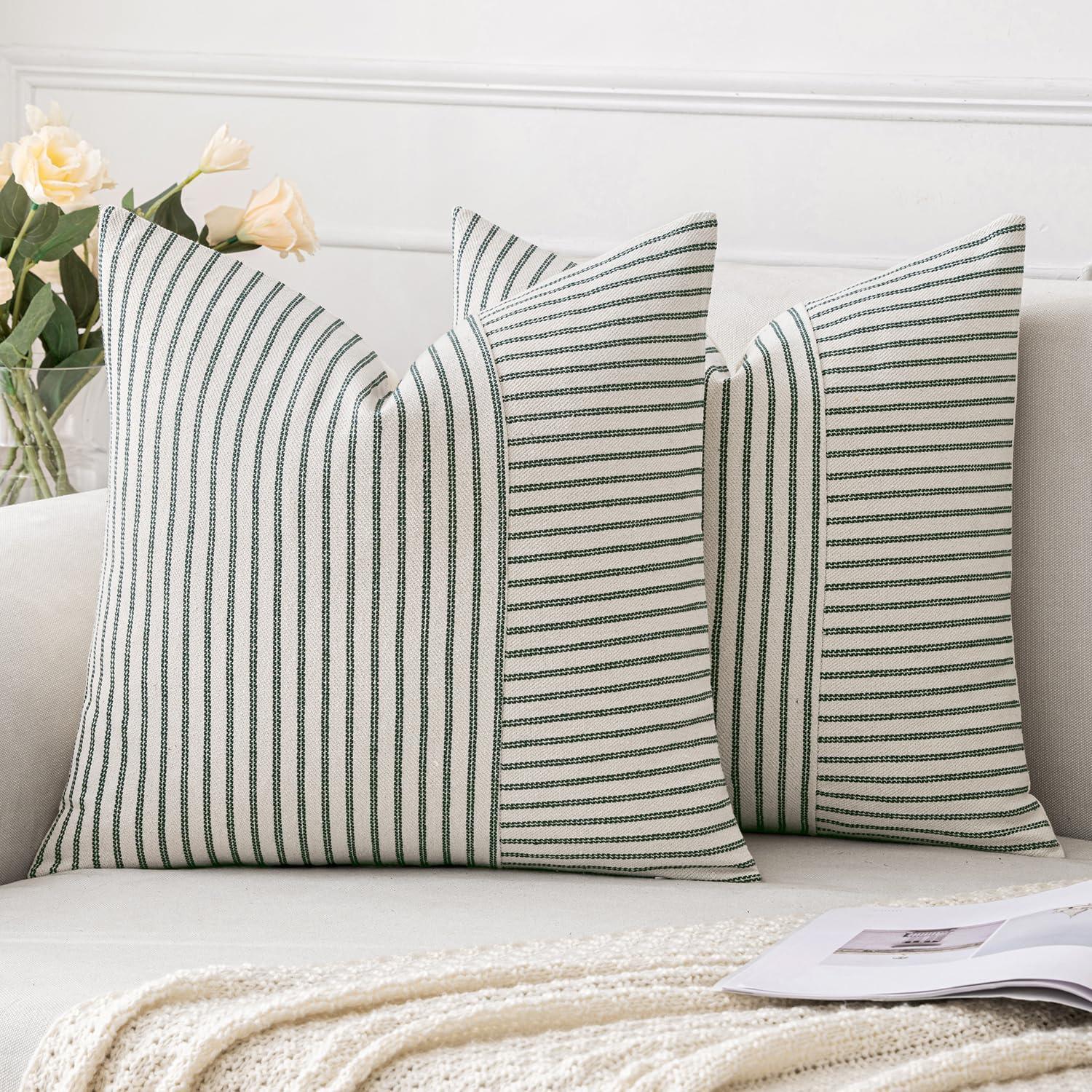 imageMIULEE Dark Green Patchwork Farmhouse Pillow Covers 18x18 Inch Pack of 2 Striped Linen Decorative Modern Accent Pillow Cases for Sofa Couch BedroomDark Green