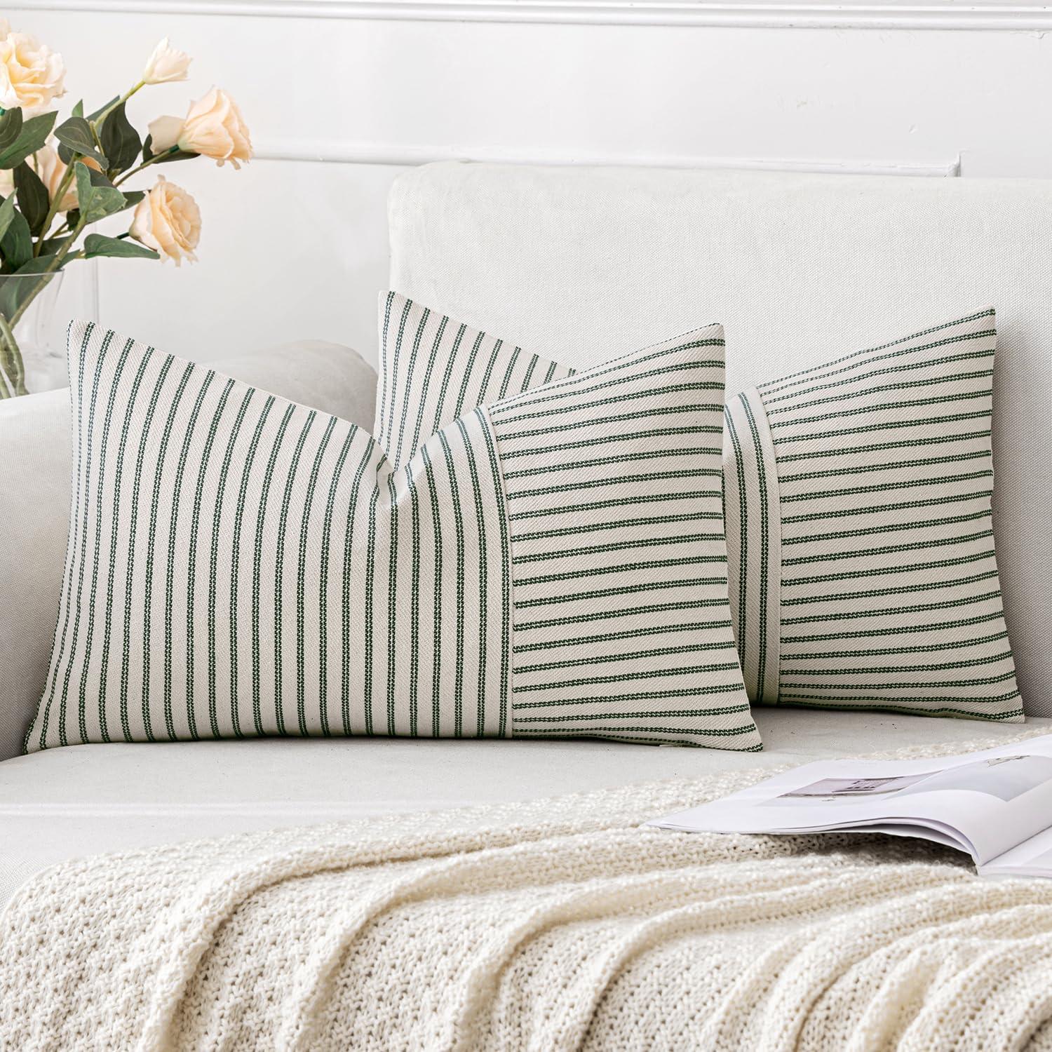 imageMIULEE Dark Green Patchwork Farmhouse Pillow Covers 18x18 Inch Pack of 2 Striped Linen Decorative Modern Accent Pillow Cases for Sofa Couch BedroomDark Green