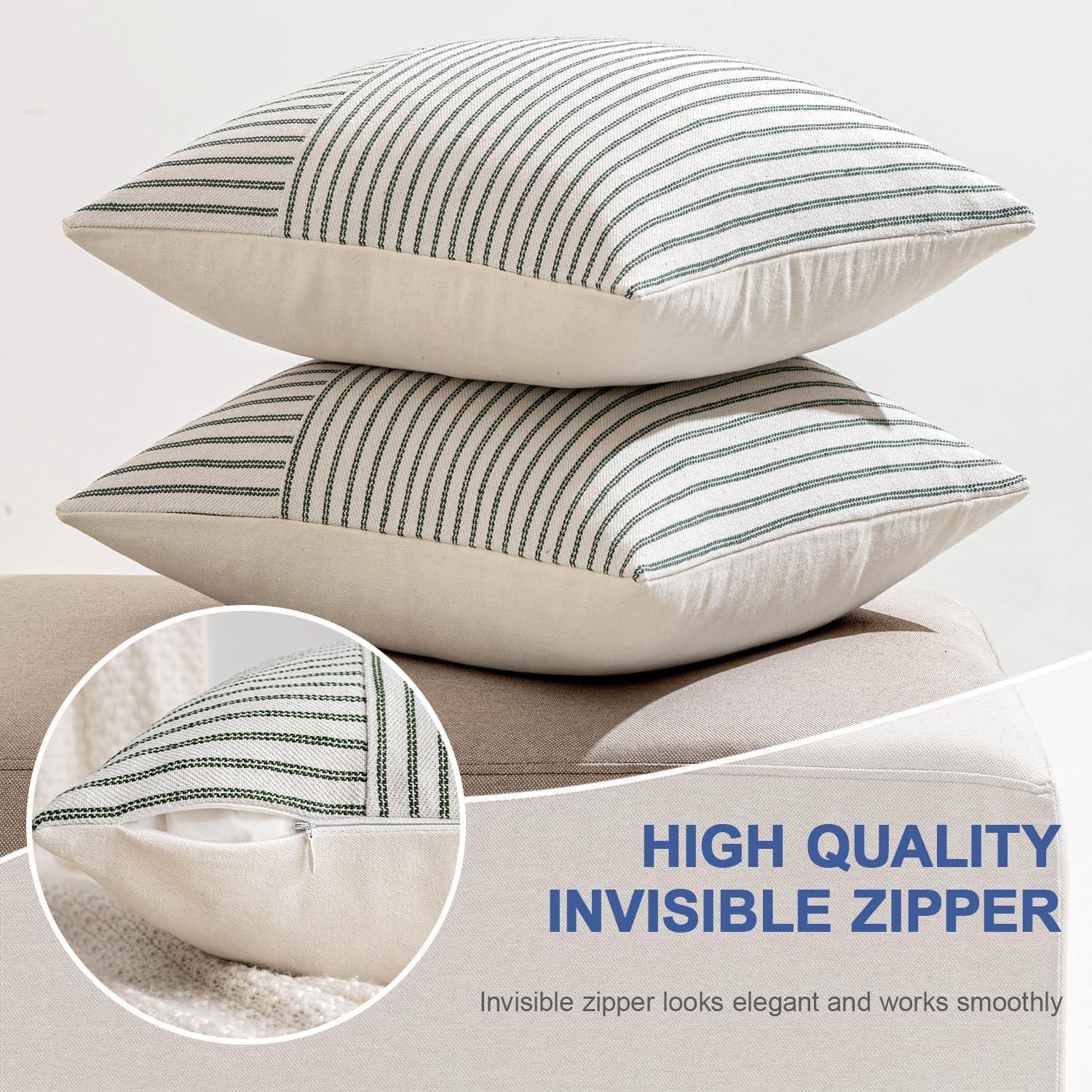 imageMIULEE Dark Green Patchwork Farmhouse Pillow Covers 18x18 Inch Pack of 2 Striped Linen Decorative Modern Accent Pillow Cases for Sofa Couch BedroomDark Green