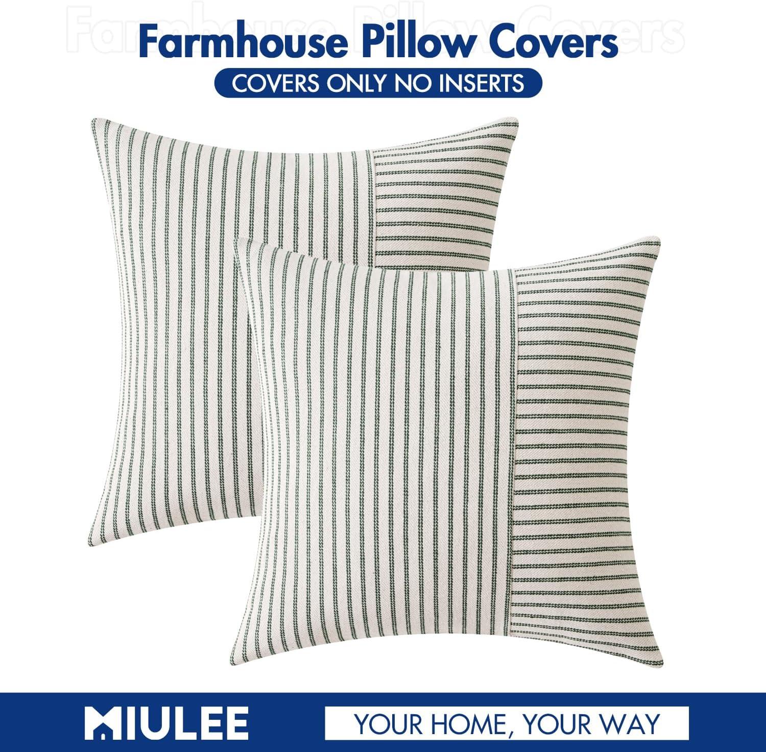 imageMIULEE Dark Green Patchwork Farmhouse Pillow Covers 18x18 Inch Pack of 2 Striped Linen Decorative Modern Accent Pillow Cases for Sofa Couch BedroomDark Green