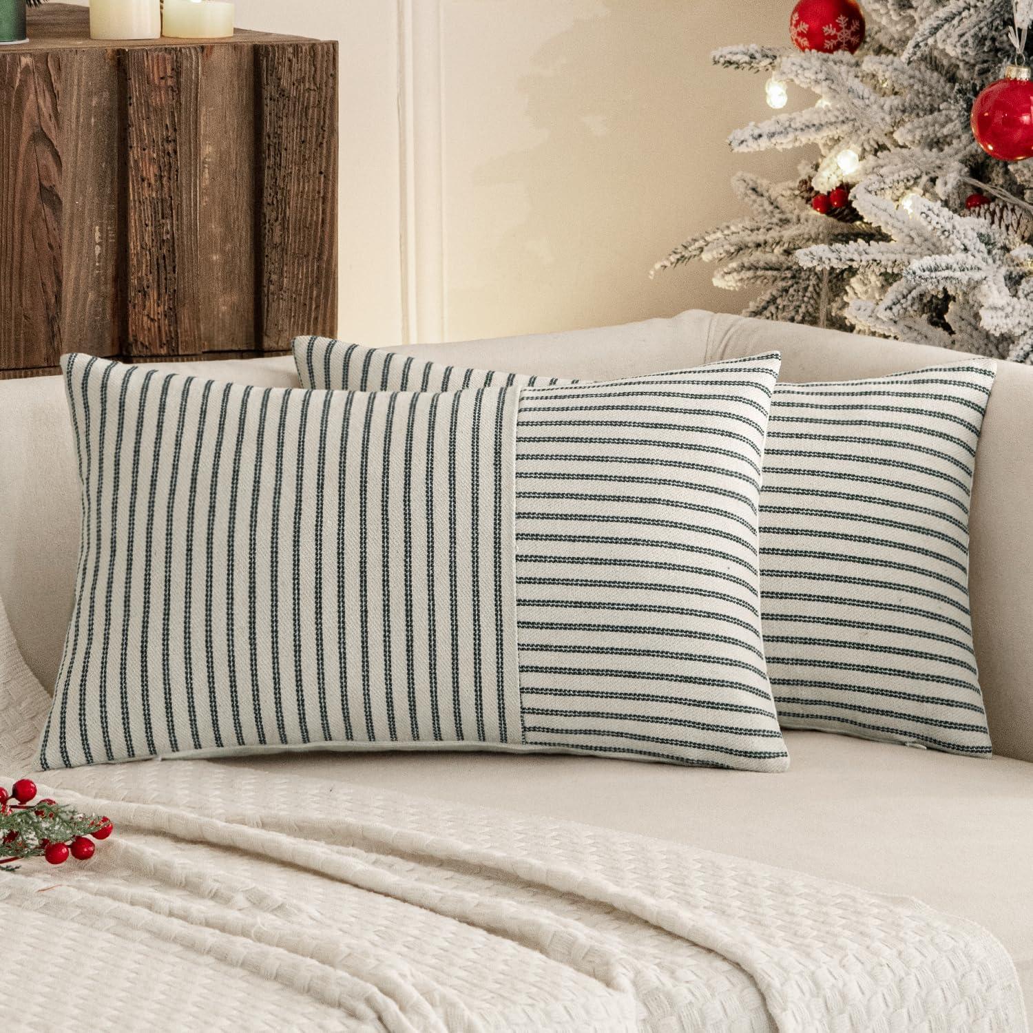 imageMIULEE Dark Green Patchwork Farmhouse Pillow Covers 18x18 Inch Pack of 2 Striped Linen Decorative Modern Accent Pillow Cases for Sofa Couch BedroomDark Green