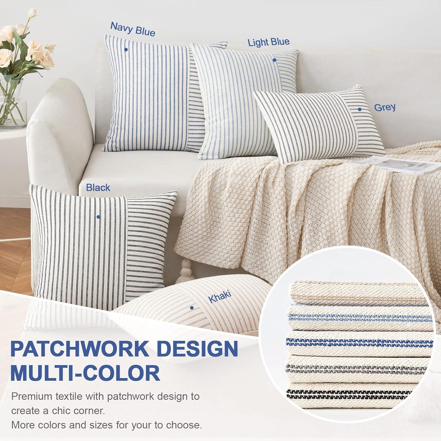 imageMIULEE Dark Green Patchwork Farmhouse Pillow Covers 18x18 Inch Pack of 2 Striped Linen Decorative Modern Accent Pillow Cases for Sofa Couch BedroomGrey