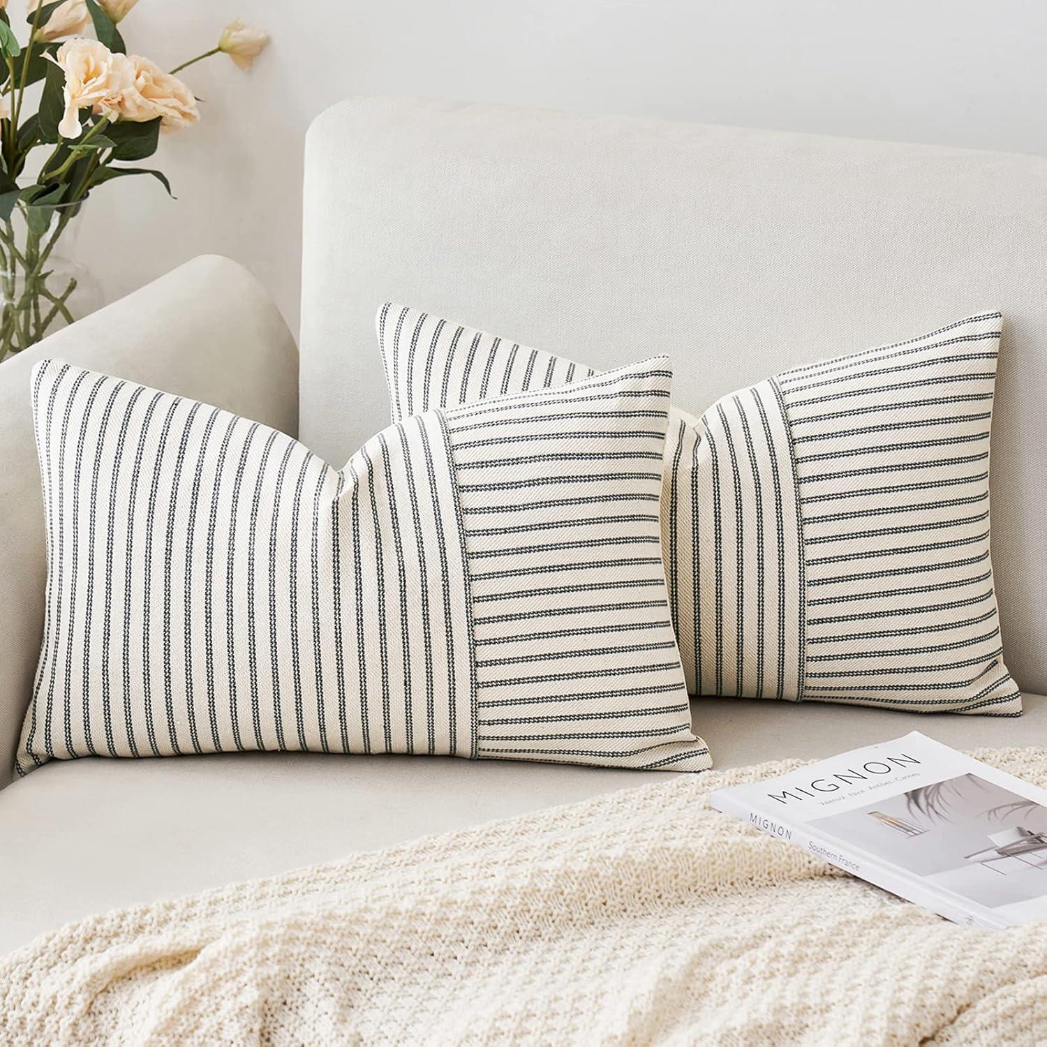 imageMIULEE Dark Green Patchwork Farmhouse Pillow Covers 18x18 Inch Pack of 2 Striped Linen Decorative Modern Accent Pillow Cases for Sofa Couch BedroomGrey