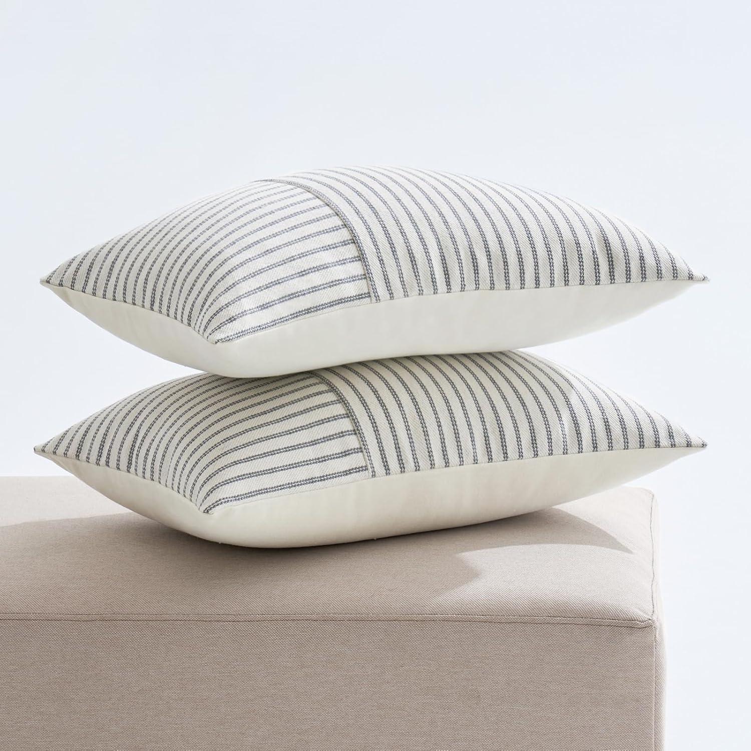 imageMIULEE Dark Green Patchwork Farmhouse Pillow Covers 18x18 Inch Pack of 2 Striped Linen Decorative Modern Accent Pillow Cases for Sofa Couch BedroomGrey