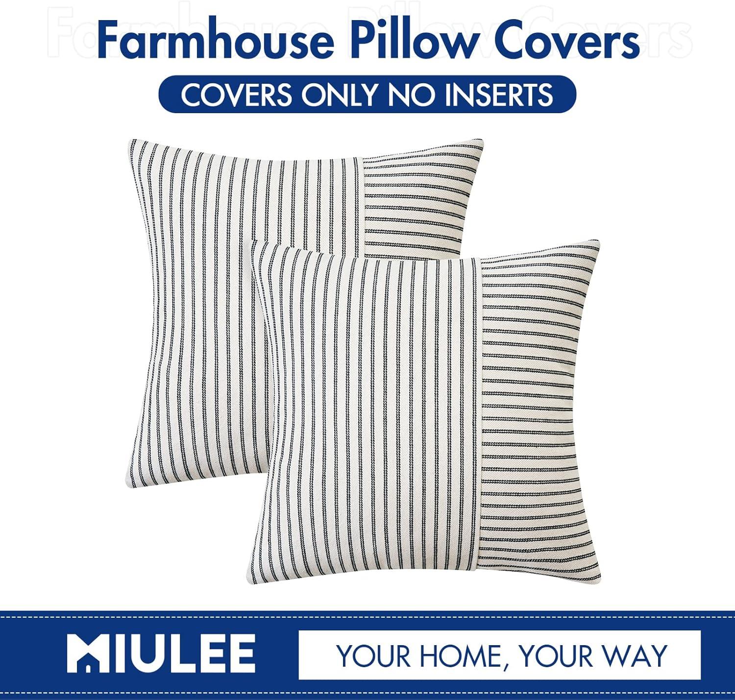 imageMIULEE Dark Green Patchwork Farmhouse Pillow Covers 18x18 Inch Pack of 2 Striped Linen Decorative Modern Accent Pillow Cases for Sofa Couch BedroomGrey