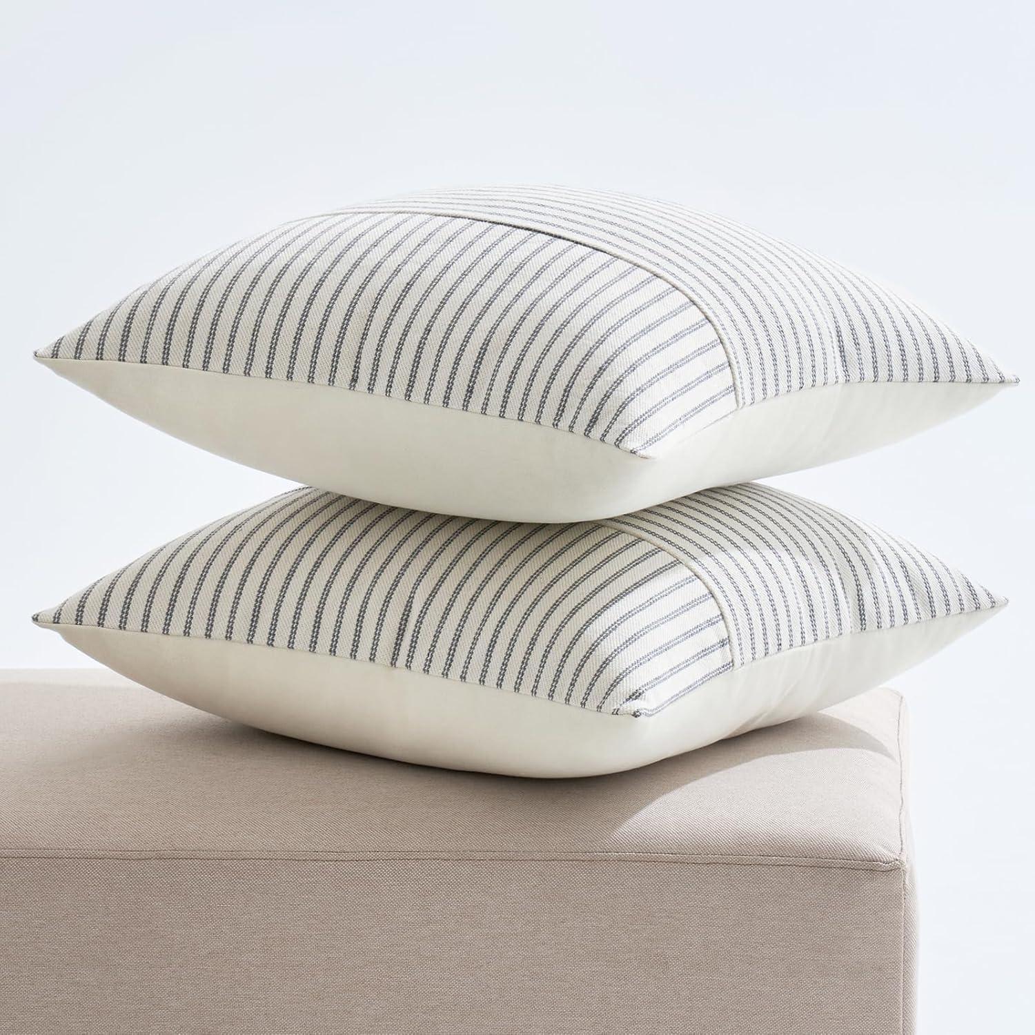 imageMIULEE Dark Green Patchwork Farmhouse Pillow Covers 18x18 Inch Pack of 2 Striped Linen Decorative Modern Accent Pillow Cases for Sofa Couch BedroomGrey