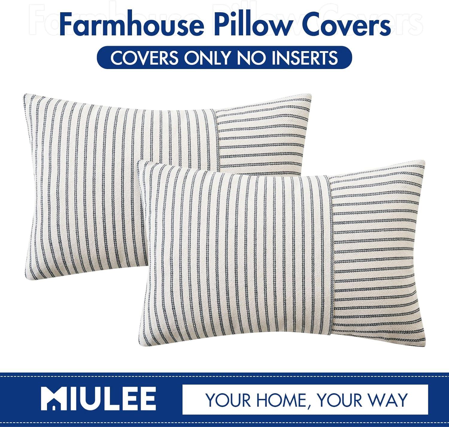 imageMIULEE Dark Green Patchwork Farmhouse Pillow Covers 18x18 Inch Pack of 2 Striped Linen Decorative Modern Accent Pillow Cases for Sofa Couch BedroomGrey