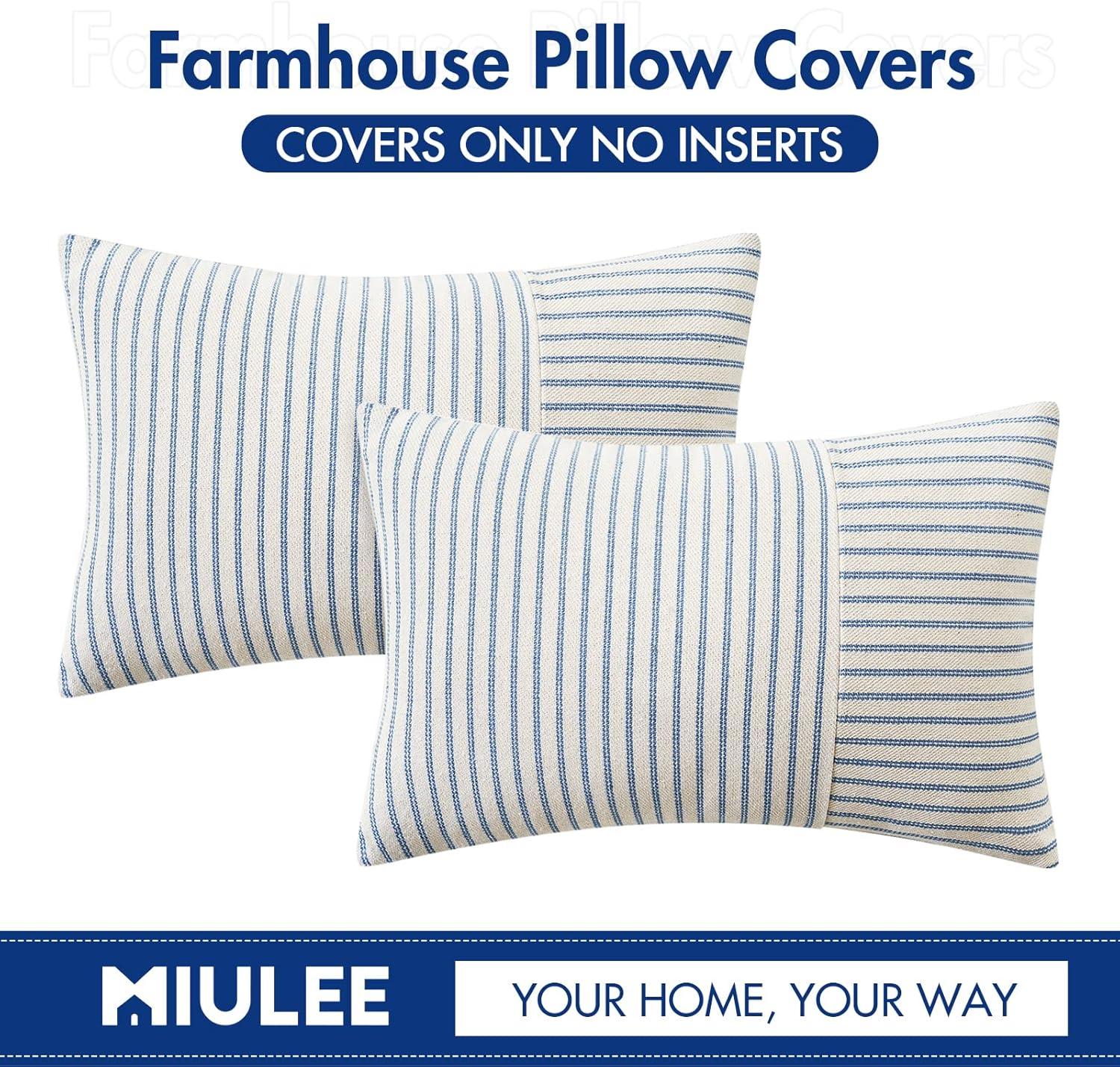 imageMIULEE Dark Green Patchwork Farmhouse Pillow Covers 18x18 Inch Pack of 2 Striped Linen Decorative Modern Accent Pillow Cases for Sofa Couch BedroomLight Blue