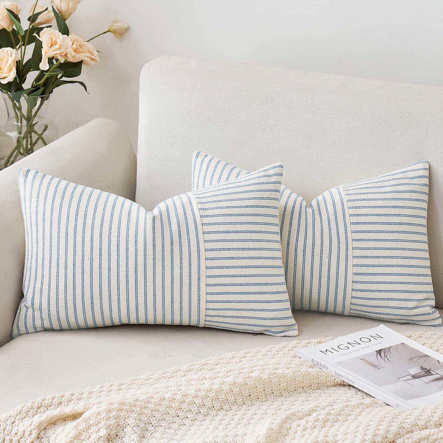 imageMIULEE Dark Green Patchwork Farmhouse Pillow Covers 18x18 Inch Pack of 2 Striped Linen Decorative Modern Accent Pillow Cases for Sofa Couch BedroomLight Blue