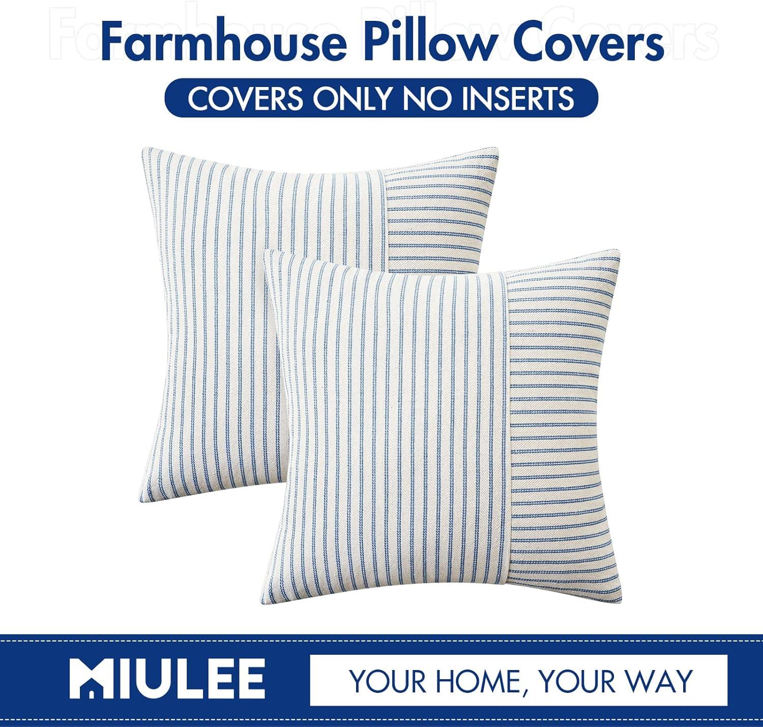 imageMIULEE Dark Green Patchwork Farmhouse Pillow Covers 18x18 Inch Pack of 2 Striped Linen Decorative Modern Accent Pillow Cases for Sofa Couch BedroomLight Blue