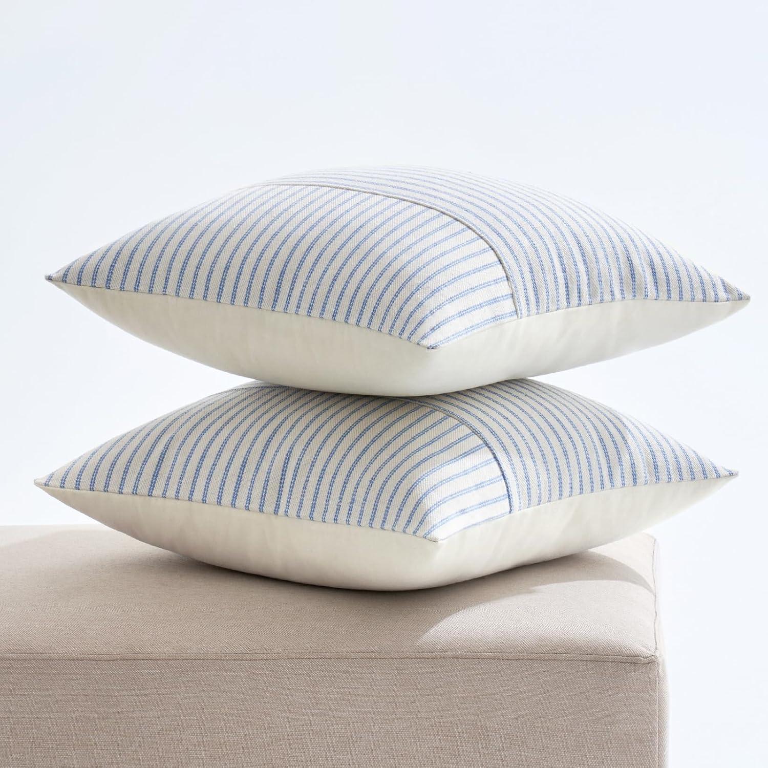imageMIULEE Dark Green Patchwork Farmhouse Pillow Covers 18x18 Inch Pack of 2 Striped Linen Decorative Modern Accent Pillow Cases for Sofa Couch BedroomLight Blue