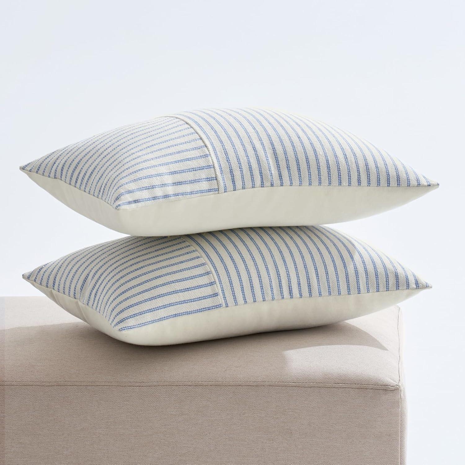 imageMIULEE Dark Green Patchwork Farmhouse Pillow Covers 18x18 Inch Pack of 2 Striped Linen Decorative Modern Accent Pillow Cases for Sofa Couch BedroomLight Blue