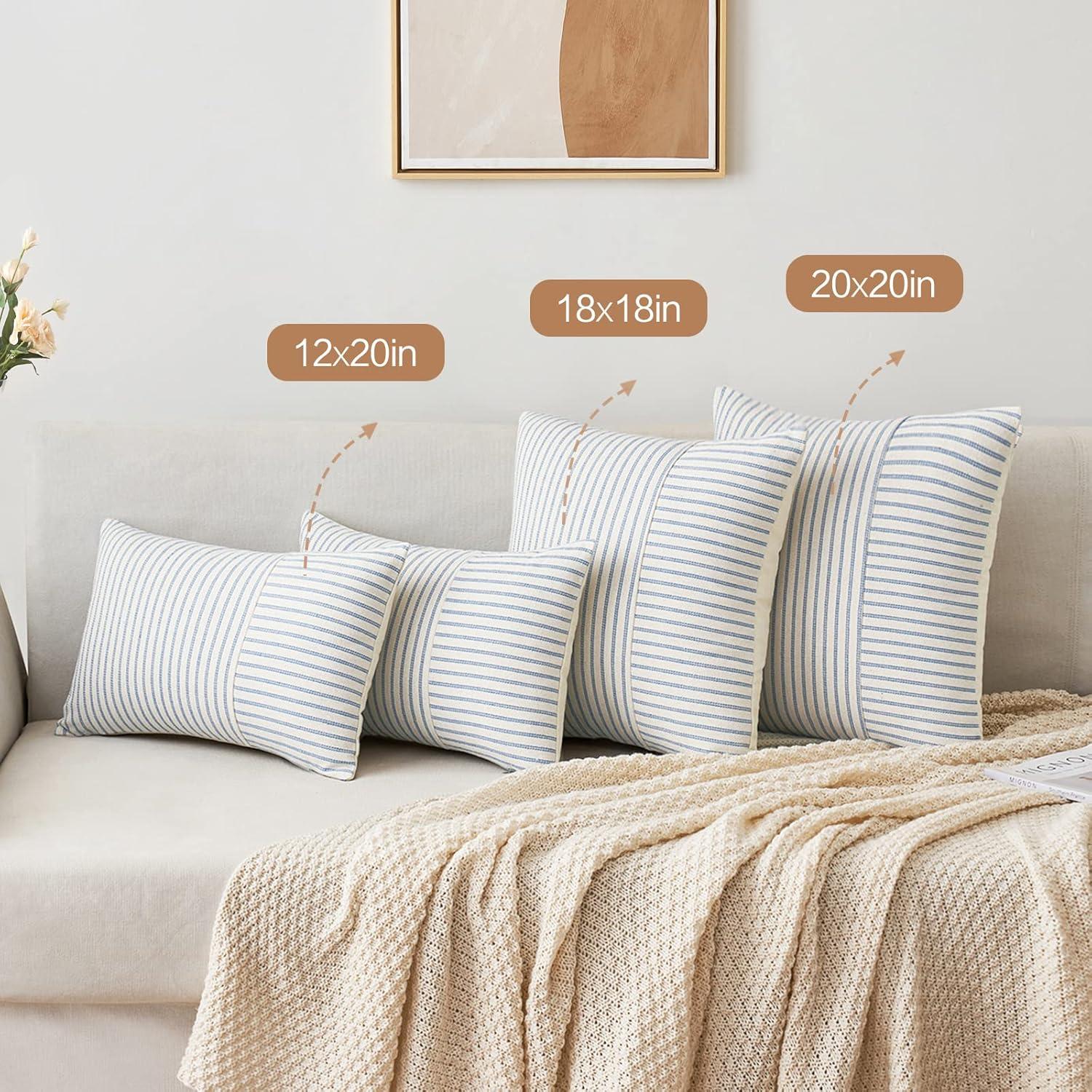 imageMIULEE Dark Green Patchwork Farmhouse Pillow Covers 18x18 Inch Pack of 2 Striped Linen Decorative Modern Accent Pillow Cases for Sofa Couch BedroomLight Blue
