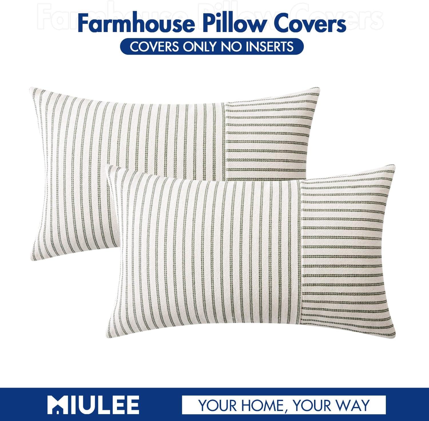 imageMIULEE Dark Green Patchwork Farmhouse Pillow Covers 18x18 Inch Pack of 2 Striped Linen Decorative Modern Accent Pillow Cases for Sofa Couch BedroomOlive Green