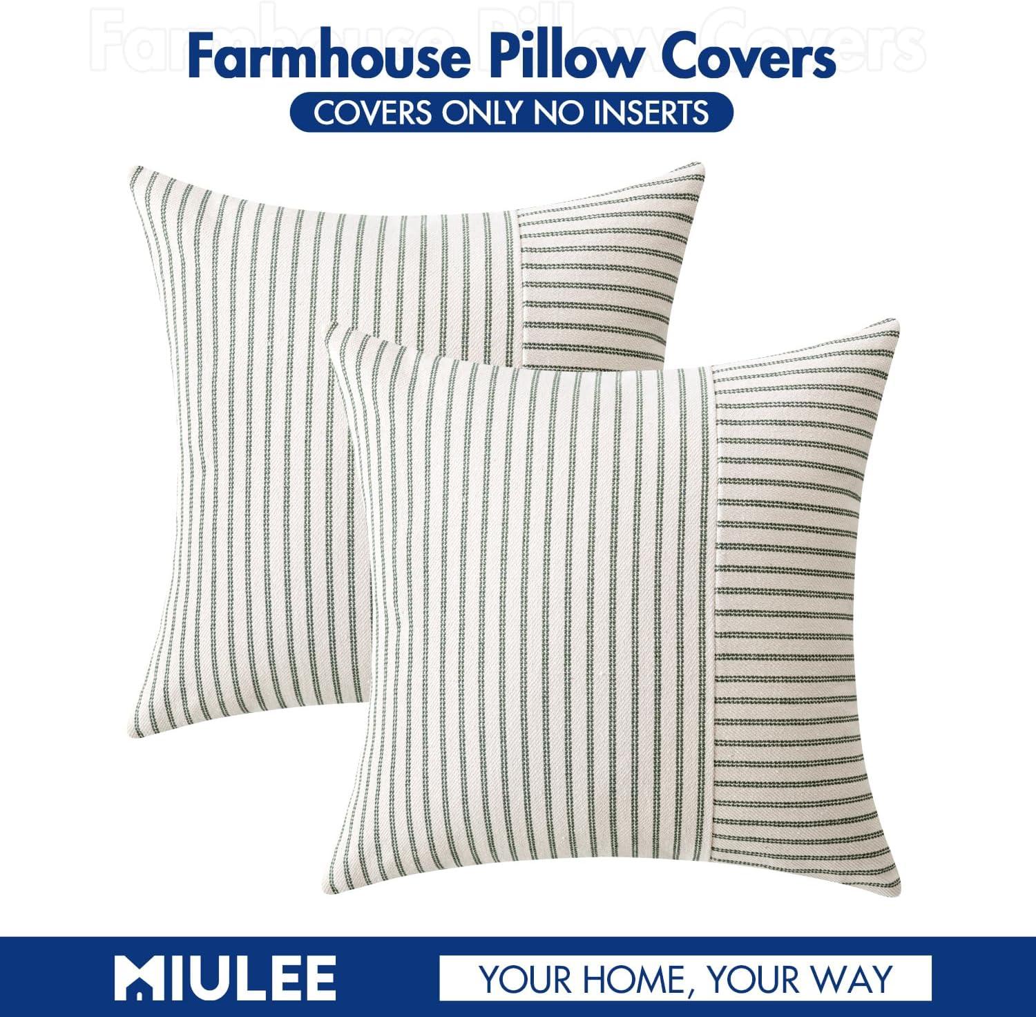 imageMIULEE Dark Green Patchwork Farmhouse Pillow Covers 18x18 Inch Pack of 2 Striped Linen Decorative Modern Accent Pillow Cases for Sofa Couch BedroomOlive Green