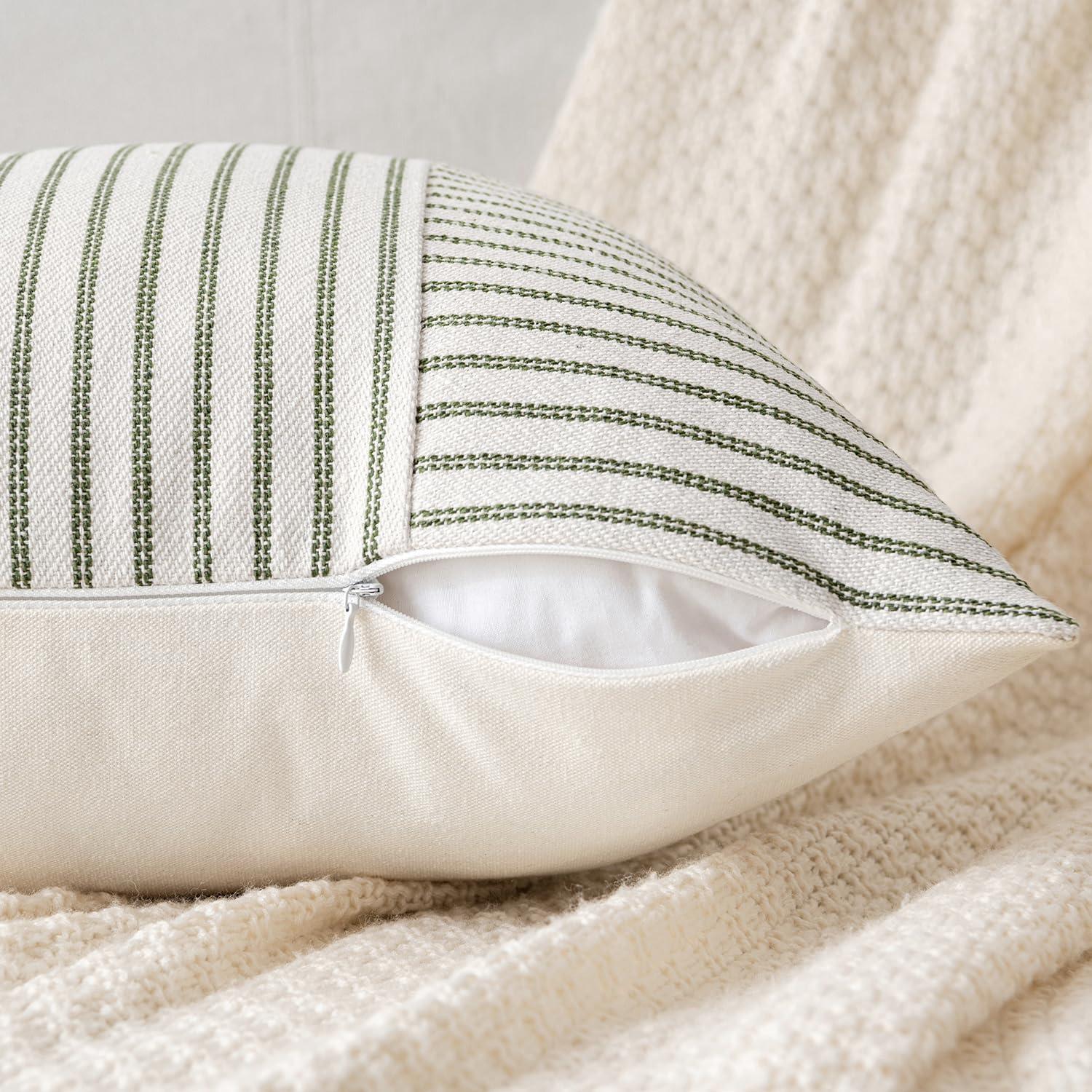 imageMIULEE Dark Green Patchwork Farmhouse Pillow Covers 18x18 Inch Pack of 2 Striped Linen Decorative Modern Accent Pillow Cases for Sofa Couch BedroomOlive Green