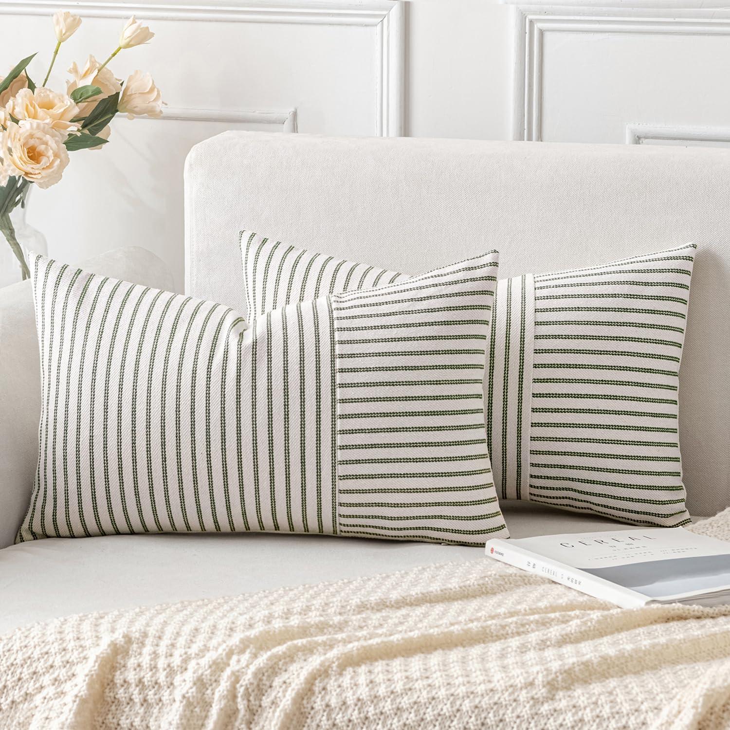 imageMIULEE Dark Green Patchwork Farmhouse Pillow Covers 18x18 Inch Pack of 2 Striped Linen Decorative Modern Accent Pillow Cases for Sofa Couch BedroomOlive Green
