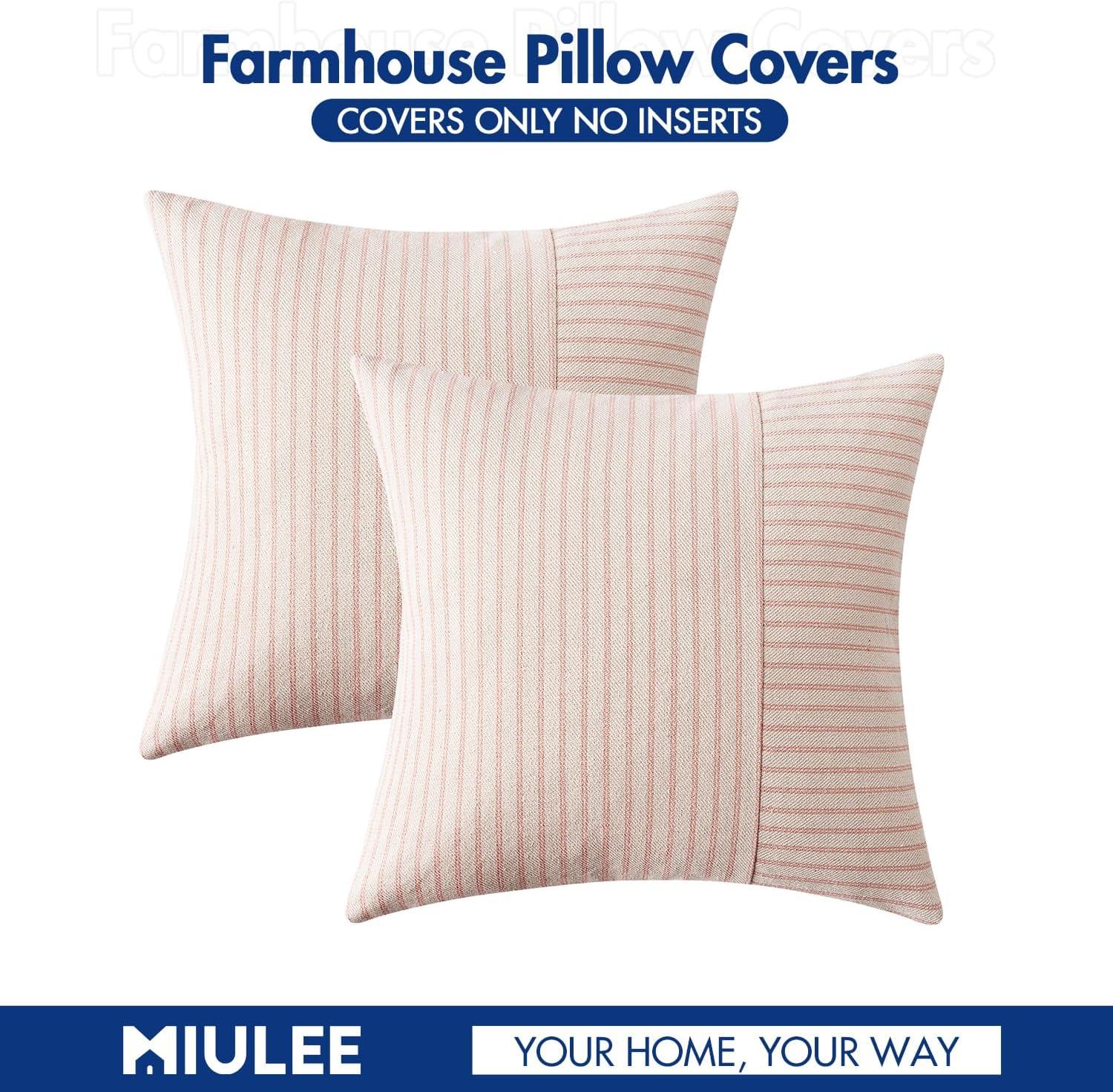 imageMIULEE Dark Green Patchwork Farmhouse Pillow Covers 18x18 Inch Pack of 2 Striped Linen Decorative Modern Accent Pillow Cases for Sofa Couch BedroomPink