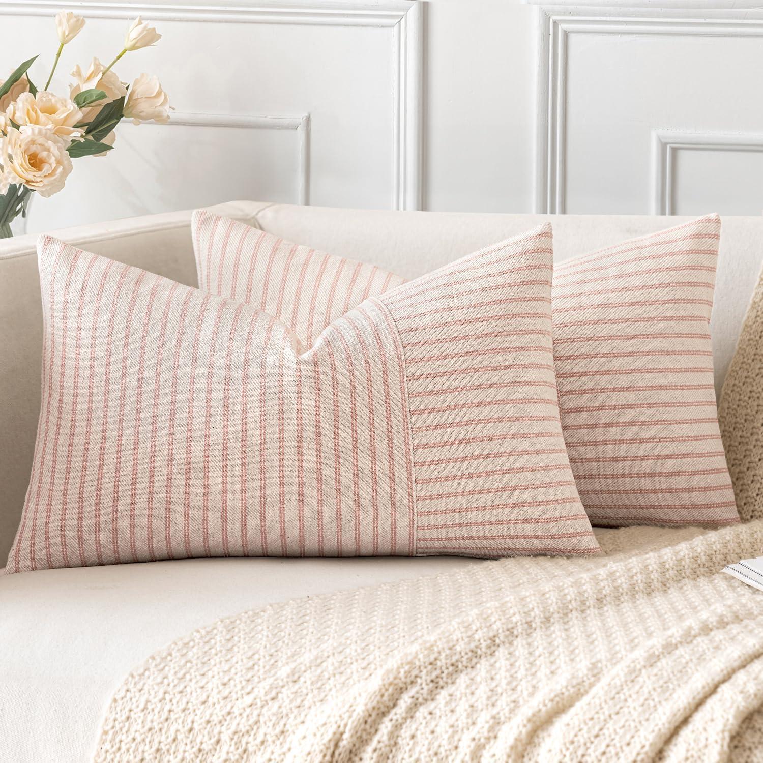 imageMIULEE Dark Green Patchwork Farmhouse Pillow Covers 18x18 Inch Pack of 2 Striped Linen Decorative Modern Accent Pillow Cases for Sofa Couch BedroomPink