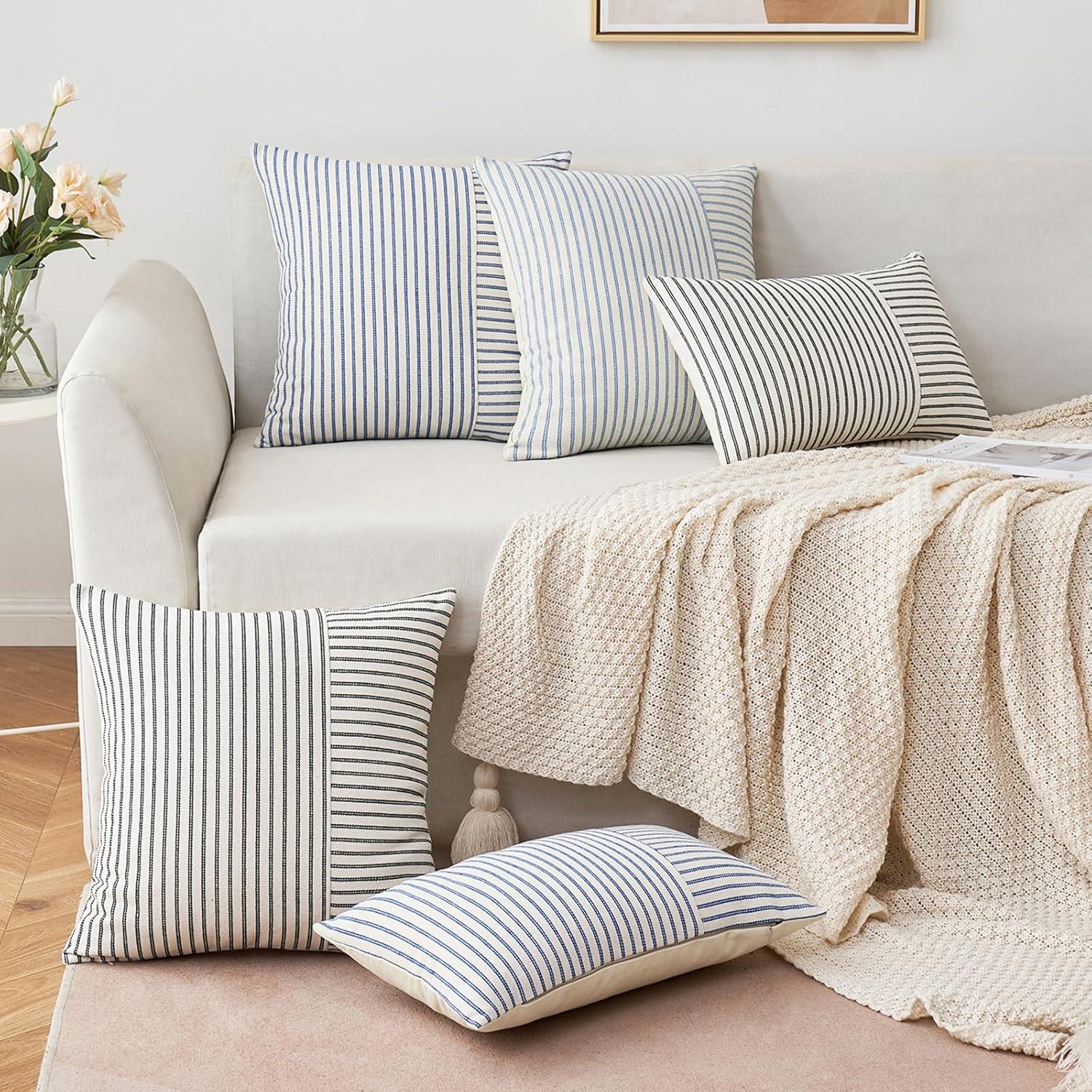 imageMIULEE Dark Green Patchwork Farmhouse Pillow Covers 18x18 Inch Pack of 2 Striped Linen Decorative Modern Accent Pillow Cases for Sofa Couch BedroomRoyal Blue