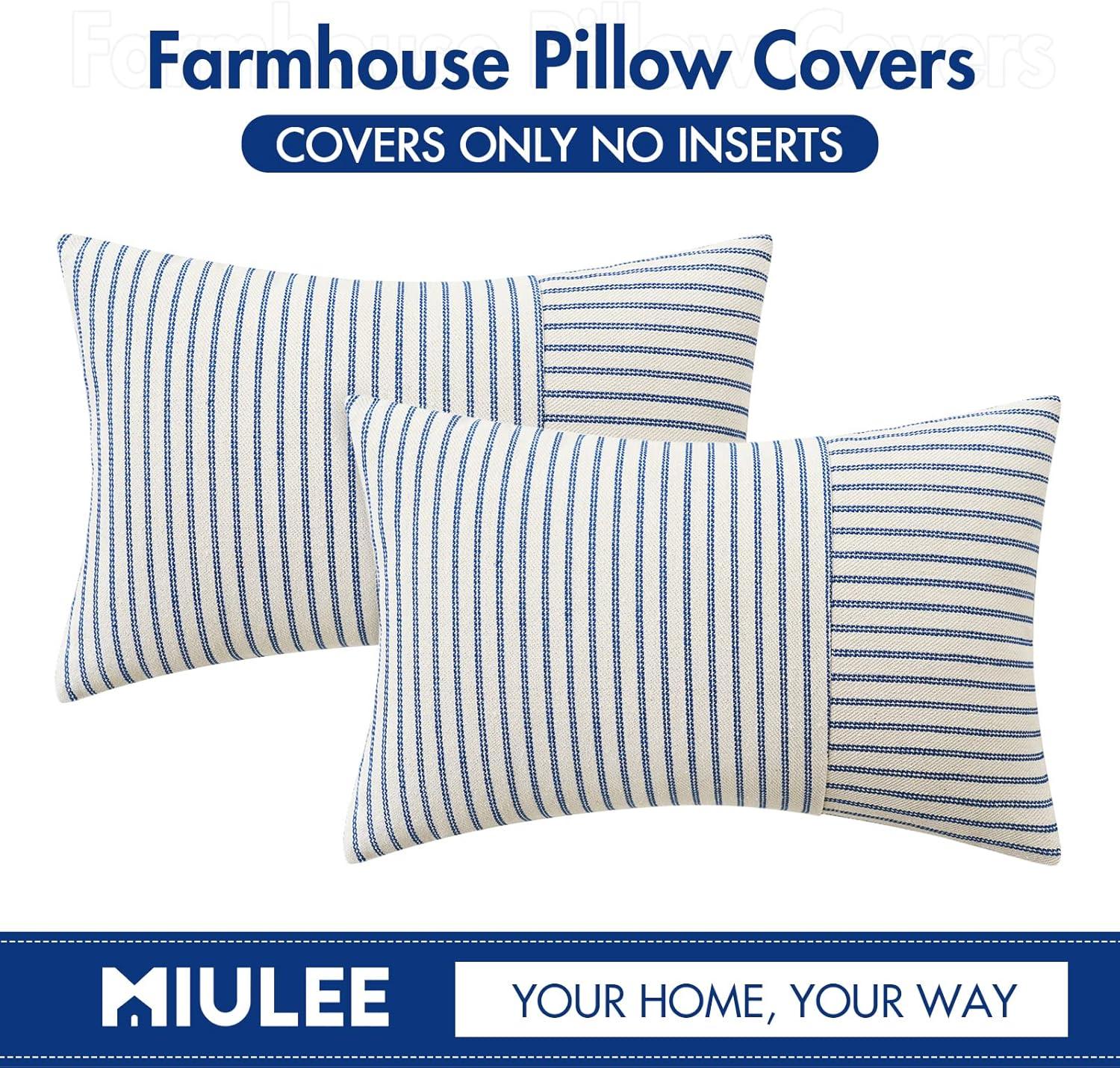 imageMIULEE Dark Green Patchwork Farmhouse Pillow Covers 18x18 Inch Pack of 2 Striped Linen Decorative Modern Accent Pillow Cases for Sofa Couch BedroomRoyal Blue