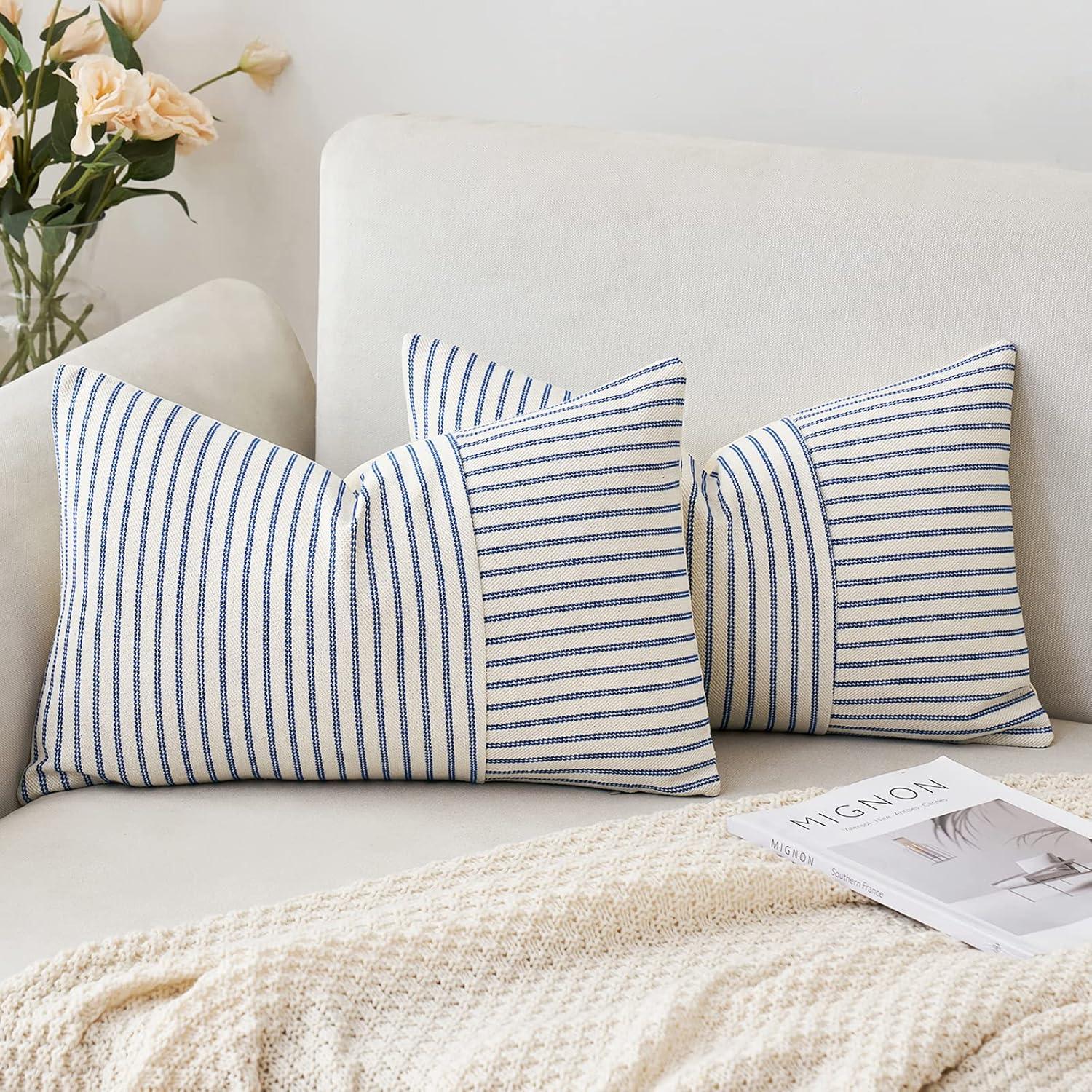 imageMIULEE Dark Green Patchwork Farmhouse Pillow Covers 18x18 Inch Pack of 2 Striped Linen Decorative Modern Accent Pillow Cases for Sofa Couch BedroomRoyal Blue