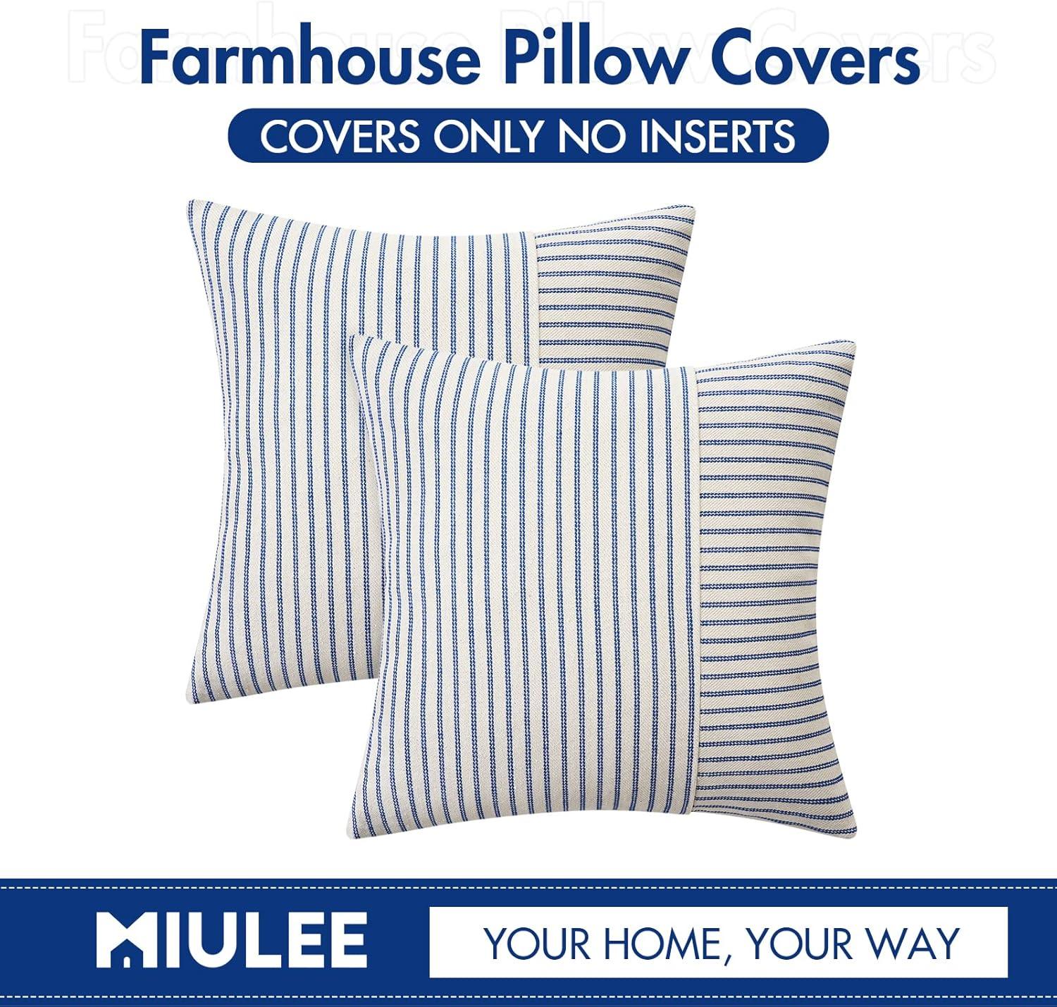 imageMIULEE Dark Green Patchwork Farmhouse Pillow Covers 18x18 Inch Pack of 2 Striped Linen Decorative Modern Accent Pillow Cases for Sofa Couch BedroomRoyal Blue