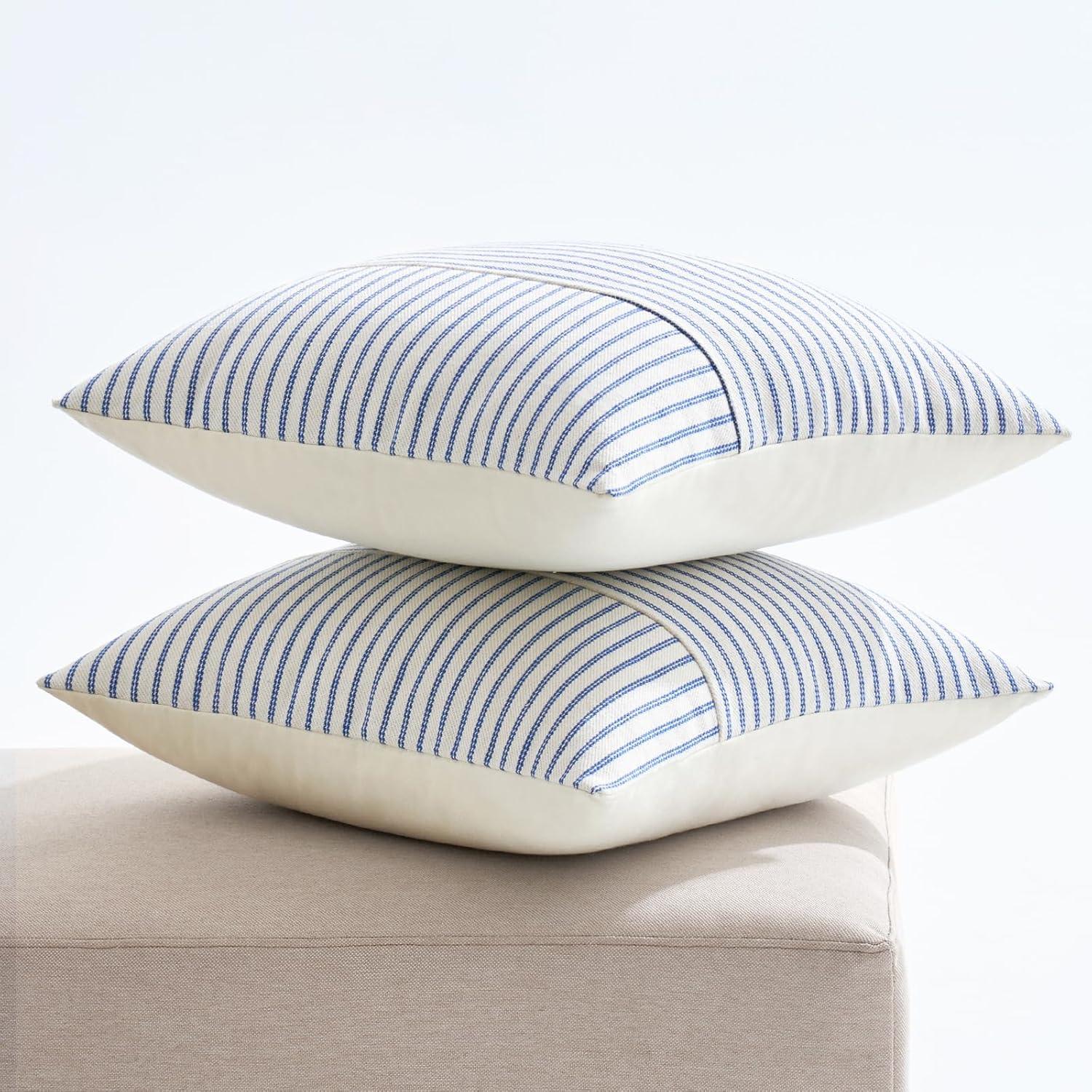 imageMIULEE Dark Green Patchwork Farmhouse Pillow Covers 18x18 Inch Pack of 2 Striped Linen Decorative Modern Accent Pillow Cases for Sofa Couch BedroomRoyal Blue